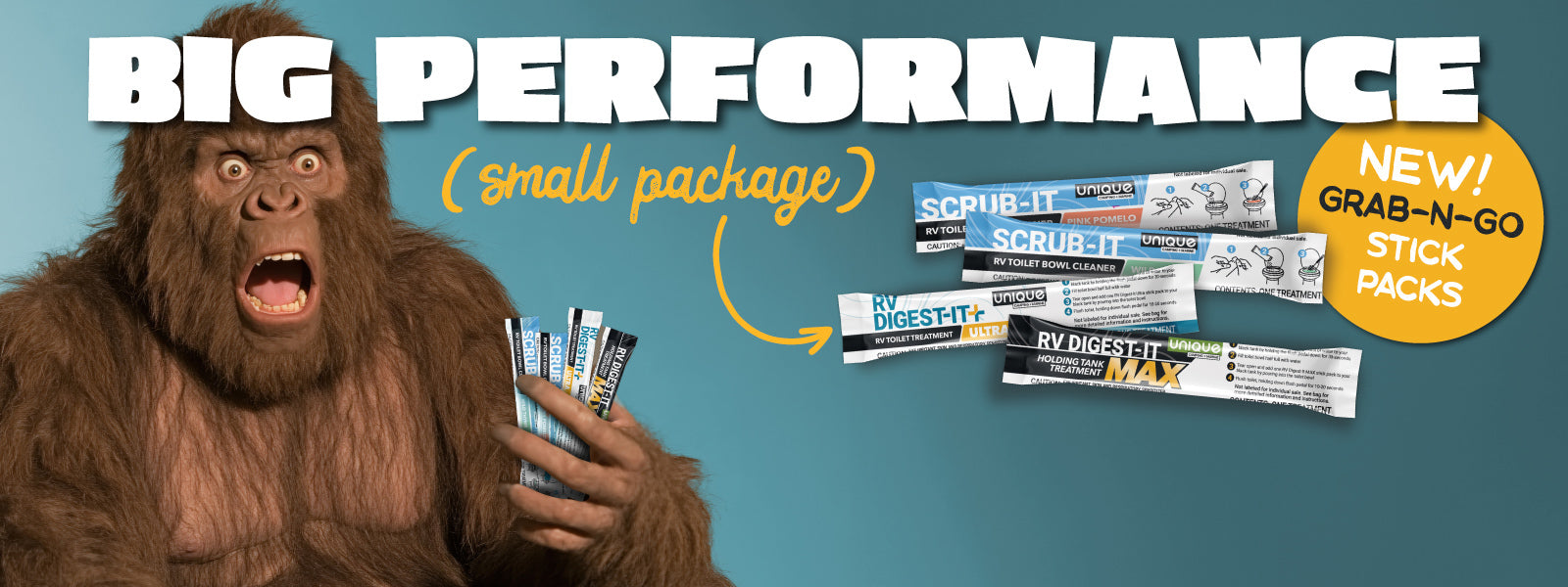 Sasquatch holding new Unique Camping + Marine Stick Packs