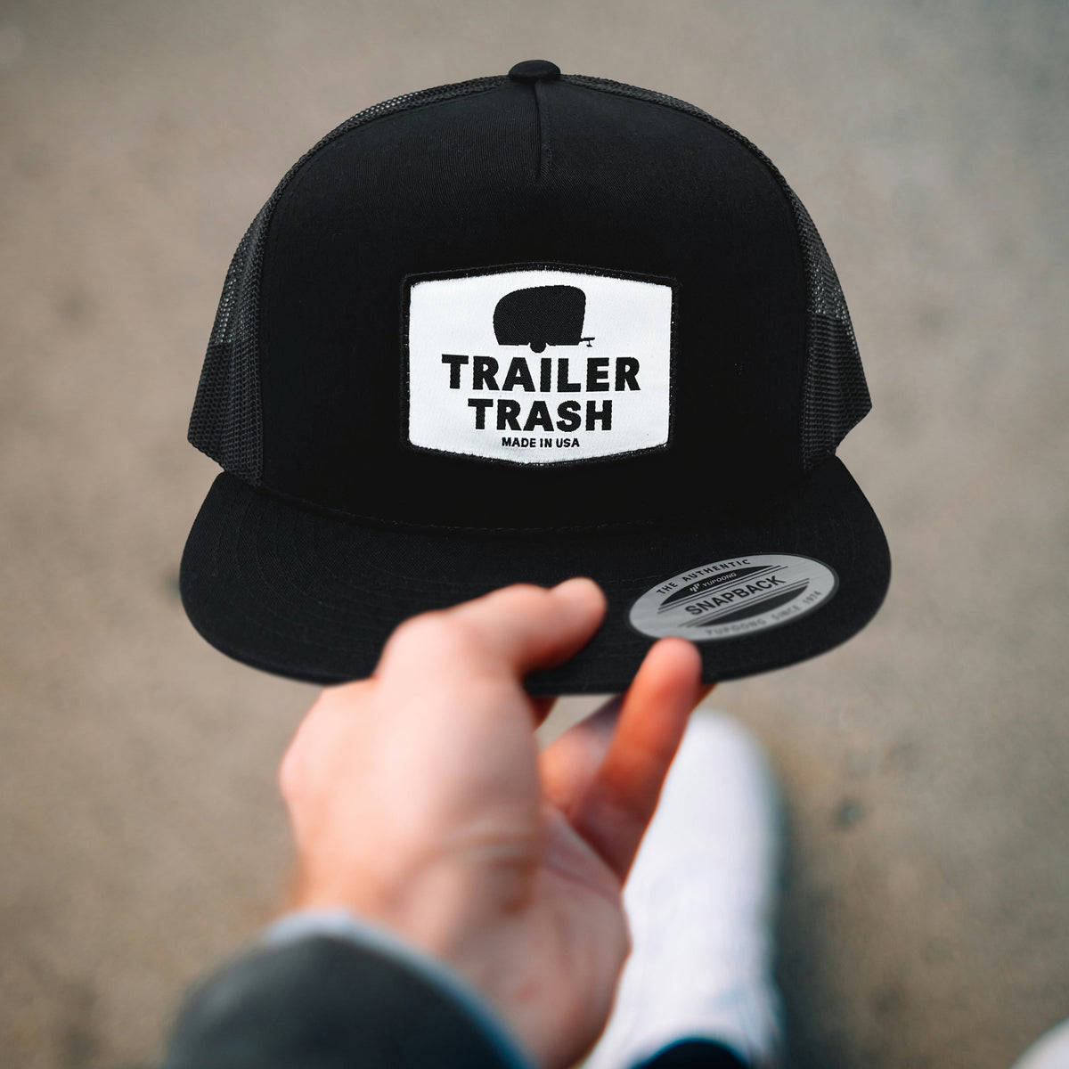 Trailer Trash Black High Profile Trucker Hat Snapback Handheld