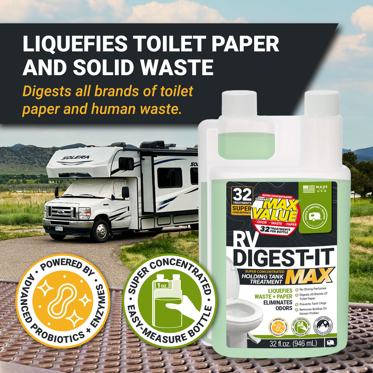 RV Digest-It MAX holding tank treatment bottle with RV in background