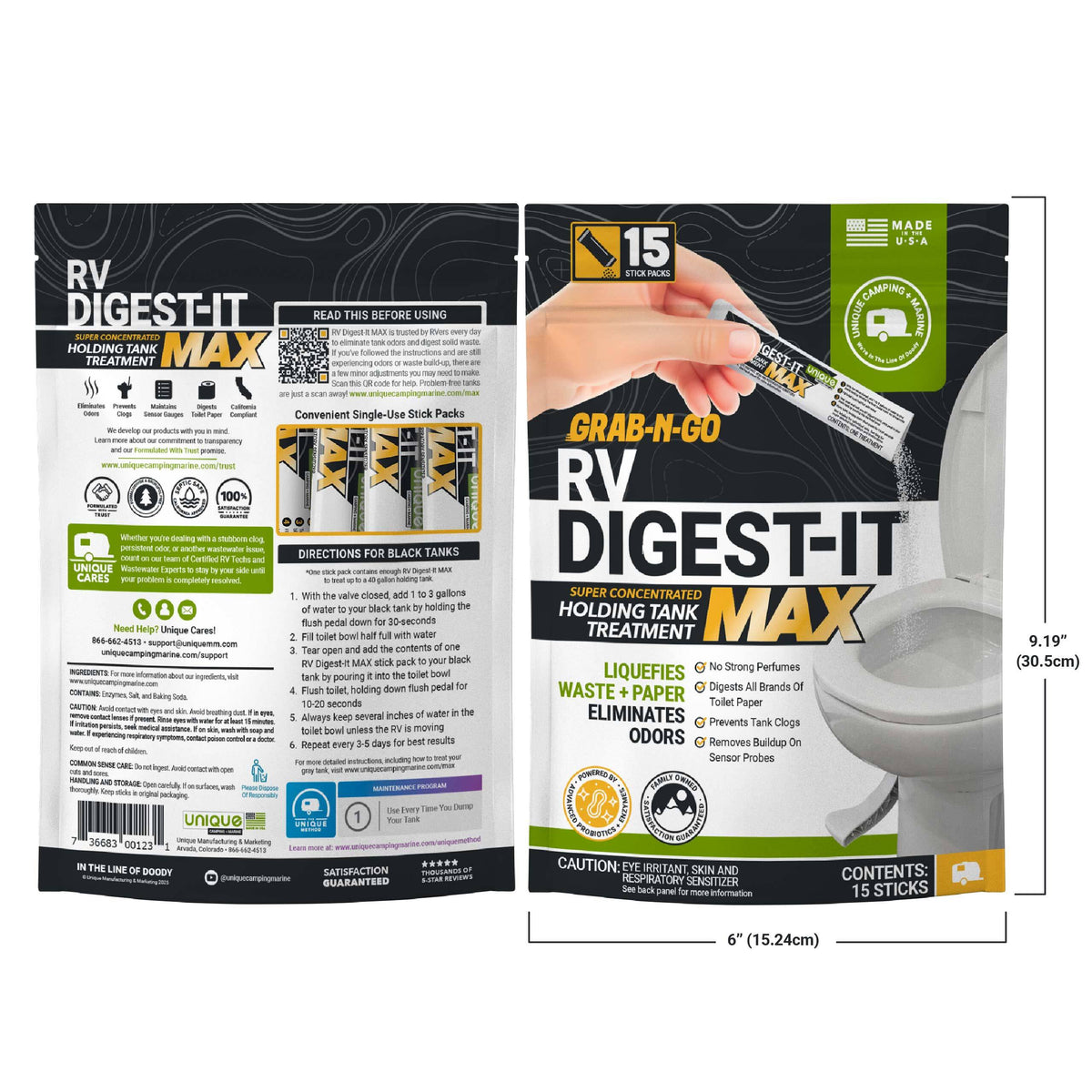 Two packages of RV Digest-It Max holding tank treatment with text and images on a white background.
