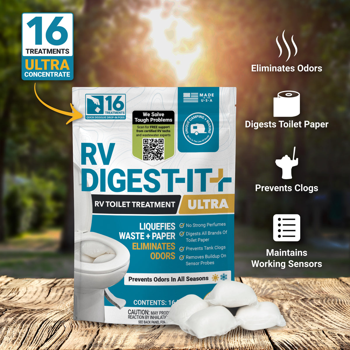 RV Digest-It Ultra packaging with features and benefits on a blurred outdoor background