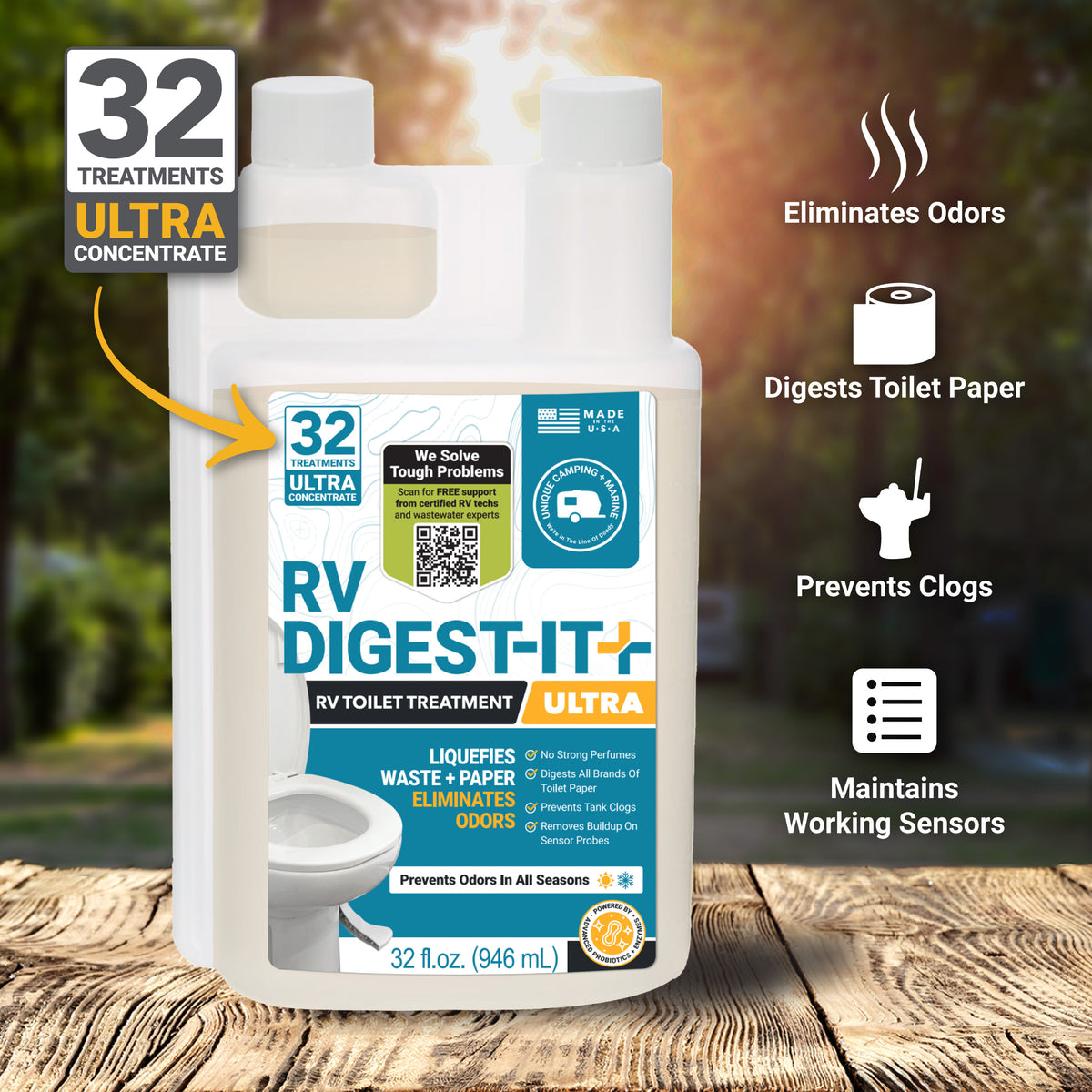 RV Digest-It Ultra eliminates odors, digests toilet paper, prevents clogs, and maintains working sensor probes.