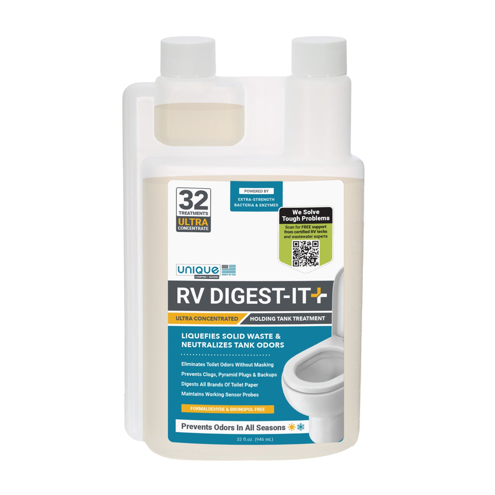 RV Digest-It Ultra RV Toilet Treatment. 32 oz. easy measure. Unique Camping + Marine