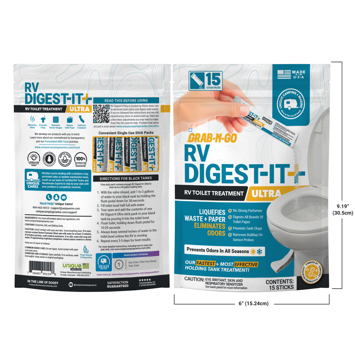 Two packages of RV Digest-It Ultra RV toilet treatment on a white background, full dimensions