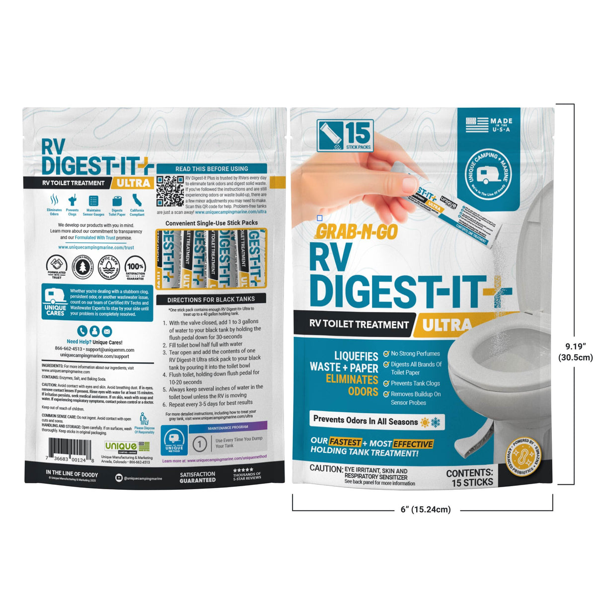 Two packages of RV Digest-It Ultra RV toilet treatment on a white background, full dimensions