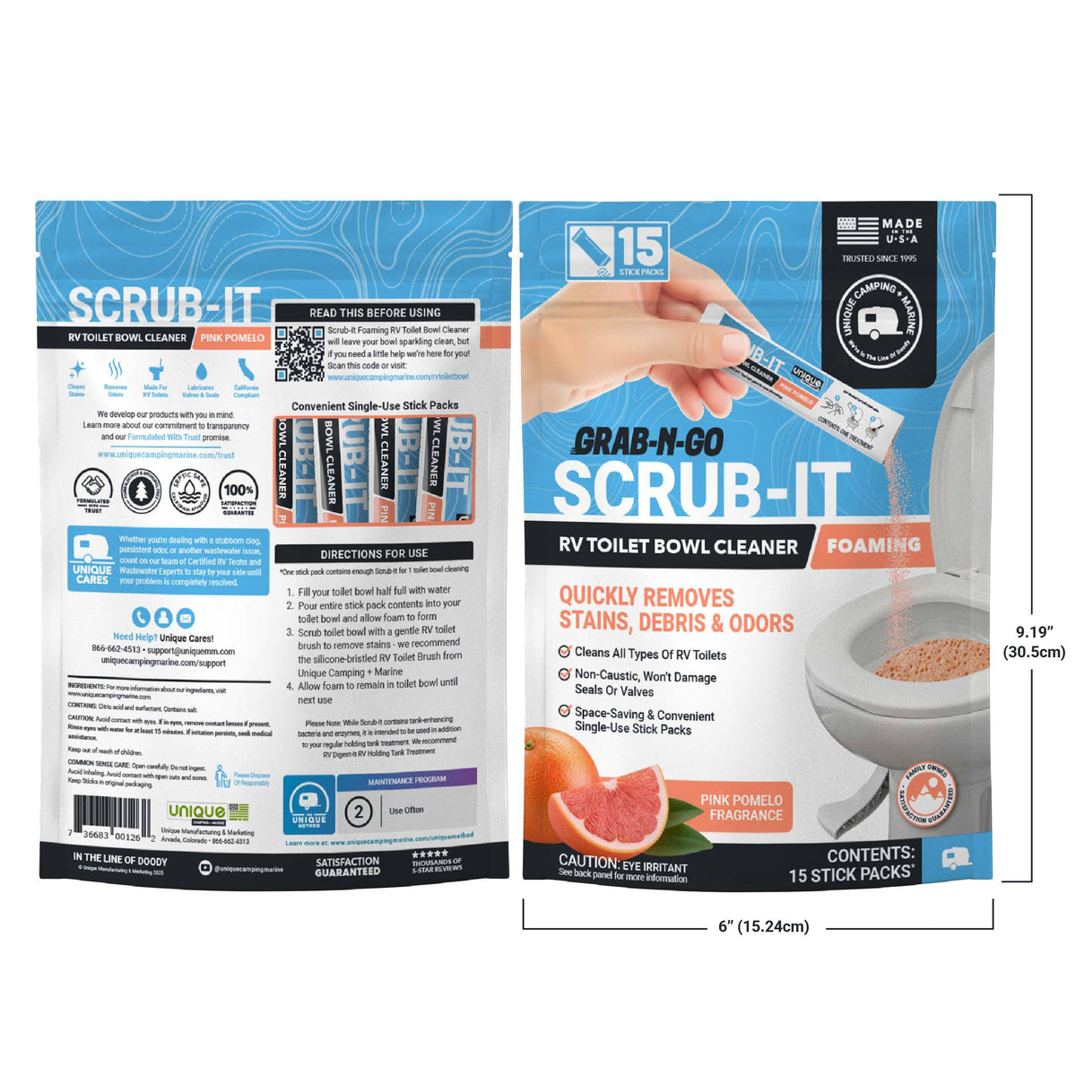 Packaging of Scrub-It RV toilet bowl cleaner with a hand holding a stick pack and a toilet illustration.