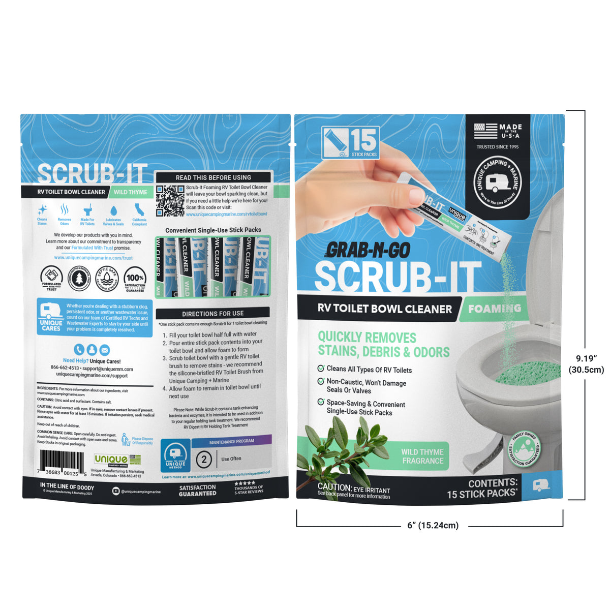 Front and back label of Scrub-It RV toilet bowl cleaner with dimensions