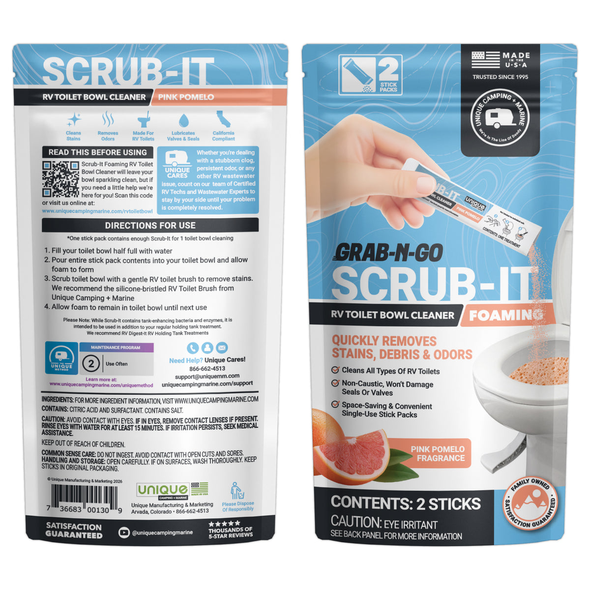 Two packages of Scrub-It RV toilet bowl cleaner on a white background