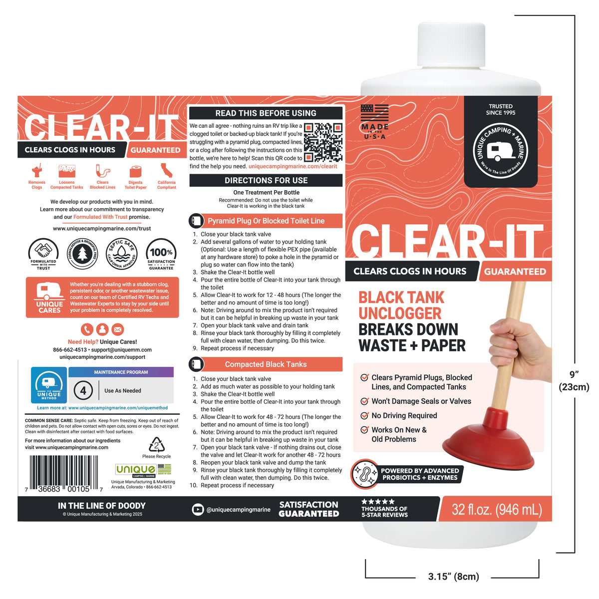 Clear-It black tank unclogger with packaging and product details on a white background