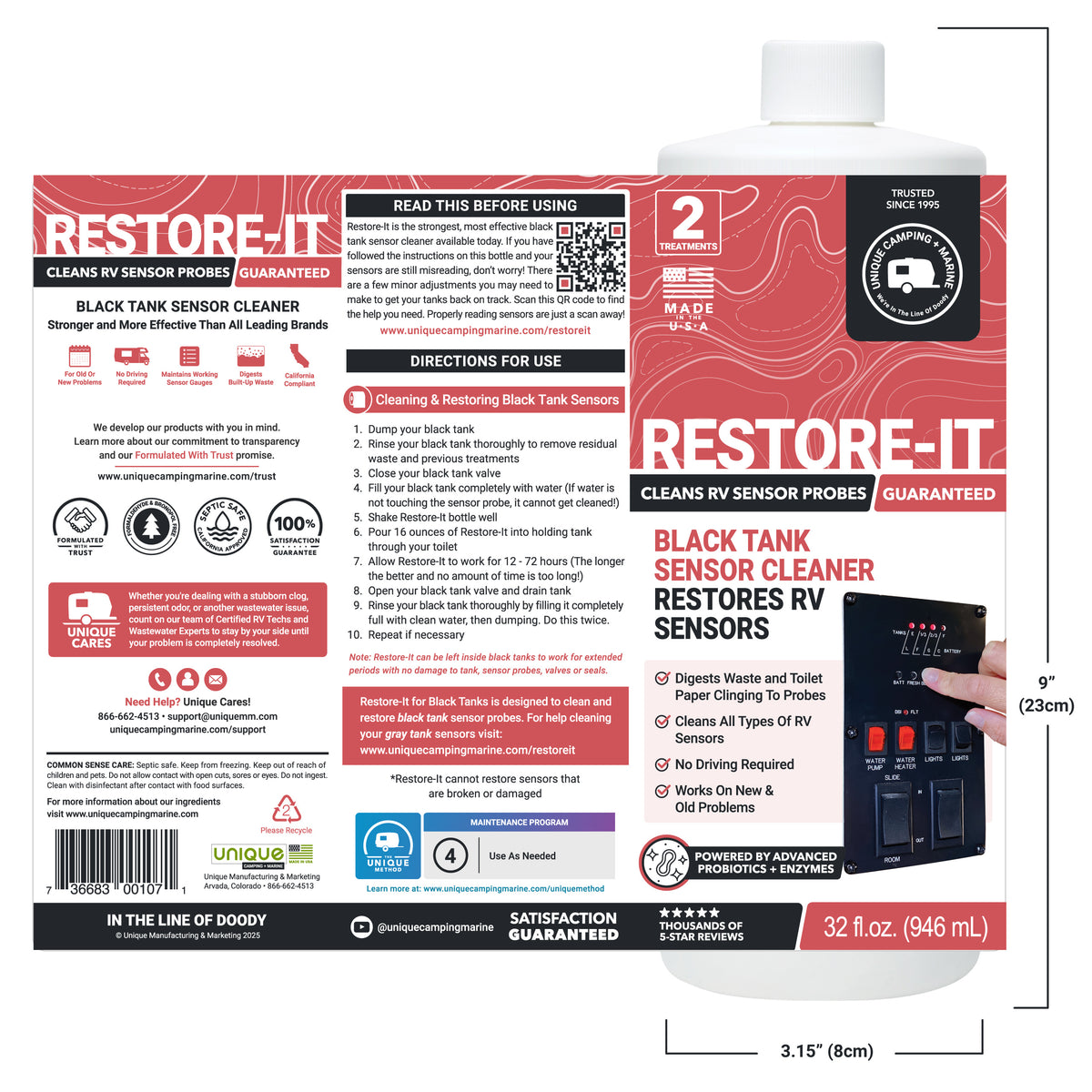 Restore-It Black Tank Sensor Cleaner full label with product details and usage instructions.