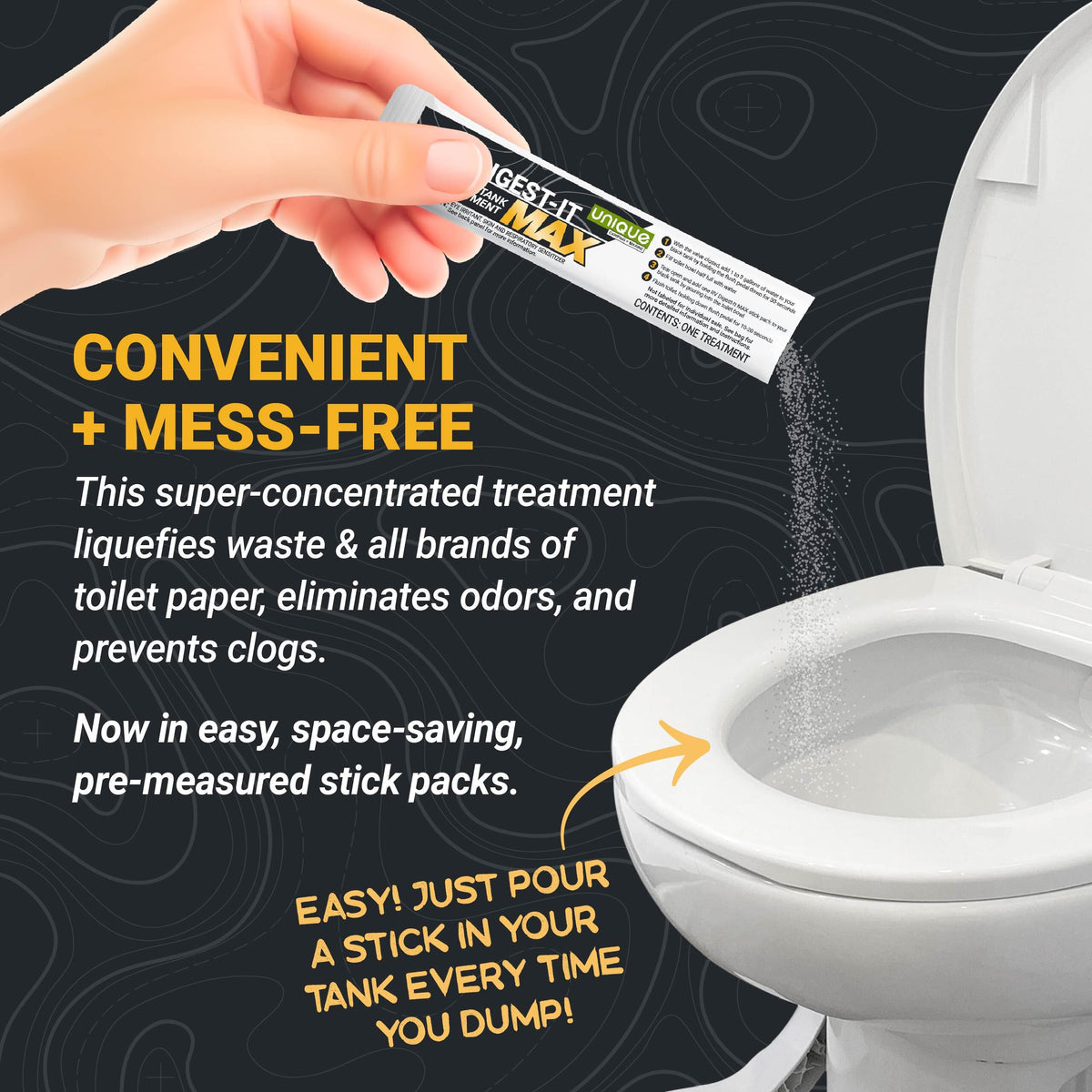 Hand holding a stick pack over a toilet with text about its convenience and mess-free nature.