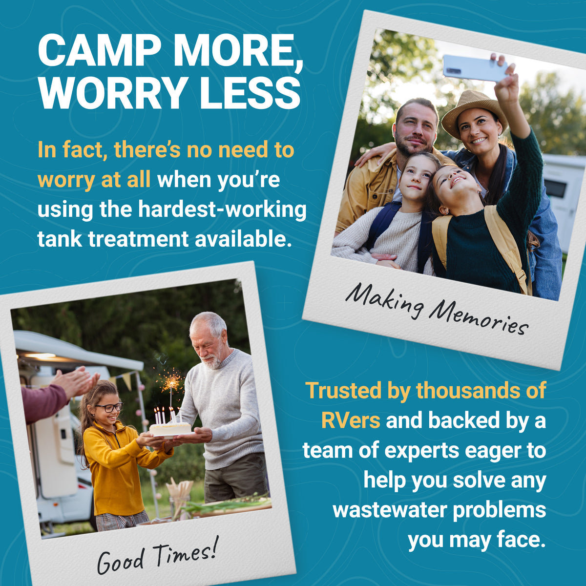 Advertisement with family photos and text about campsite tank treatment on a blue background