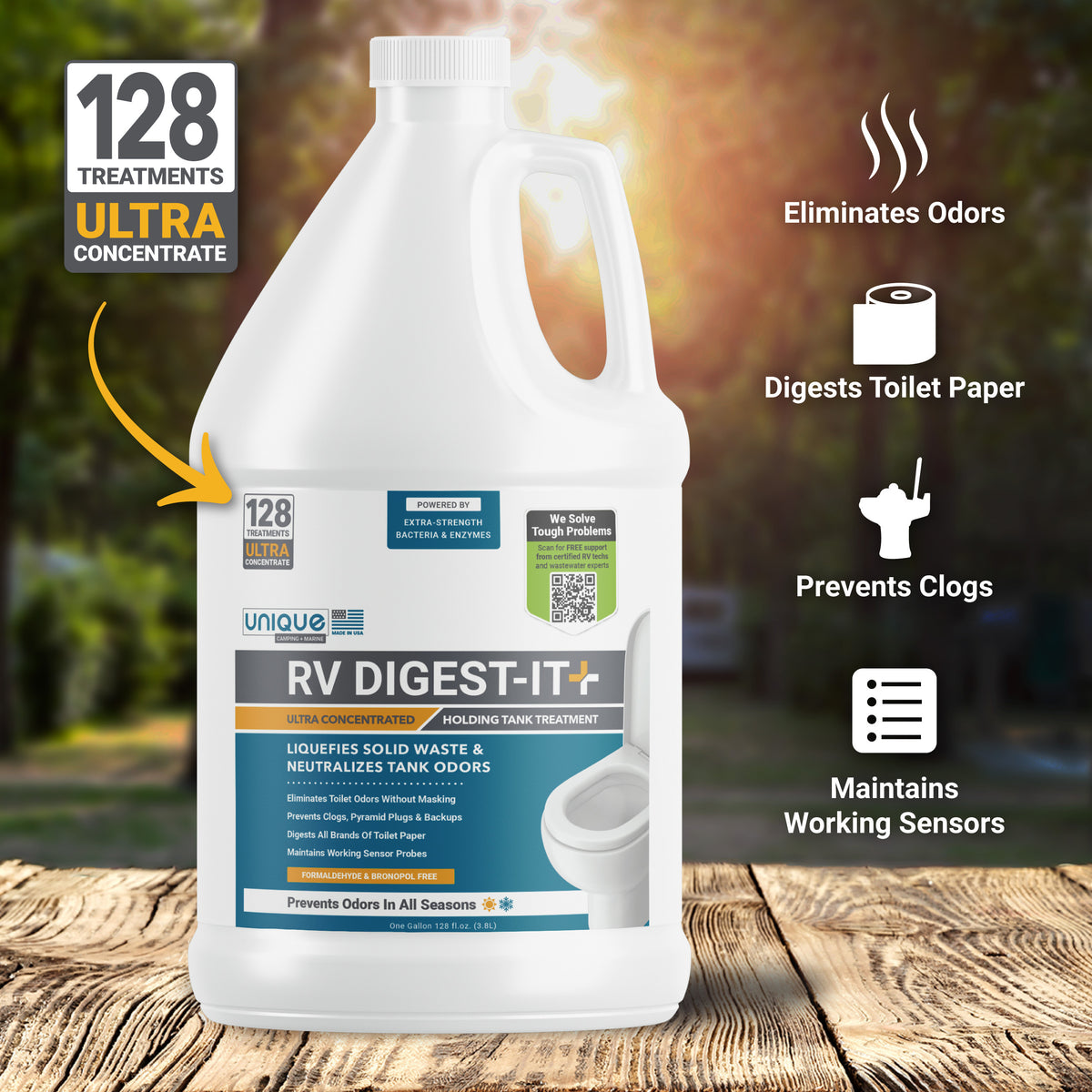 RV Digest-It Plus Ultra-Concentrate eliminates odors, digests toilet paper, prevents clogs, and maintains working sensor probes.