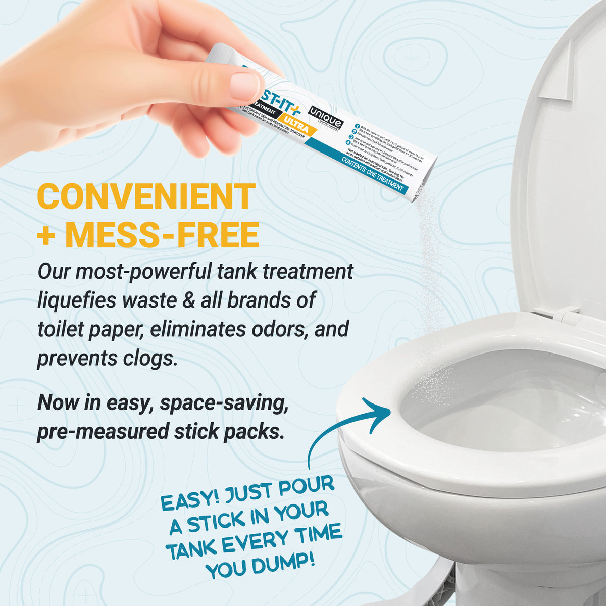 Hand holding a stick pack over a toilet with text about the product's benefits.