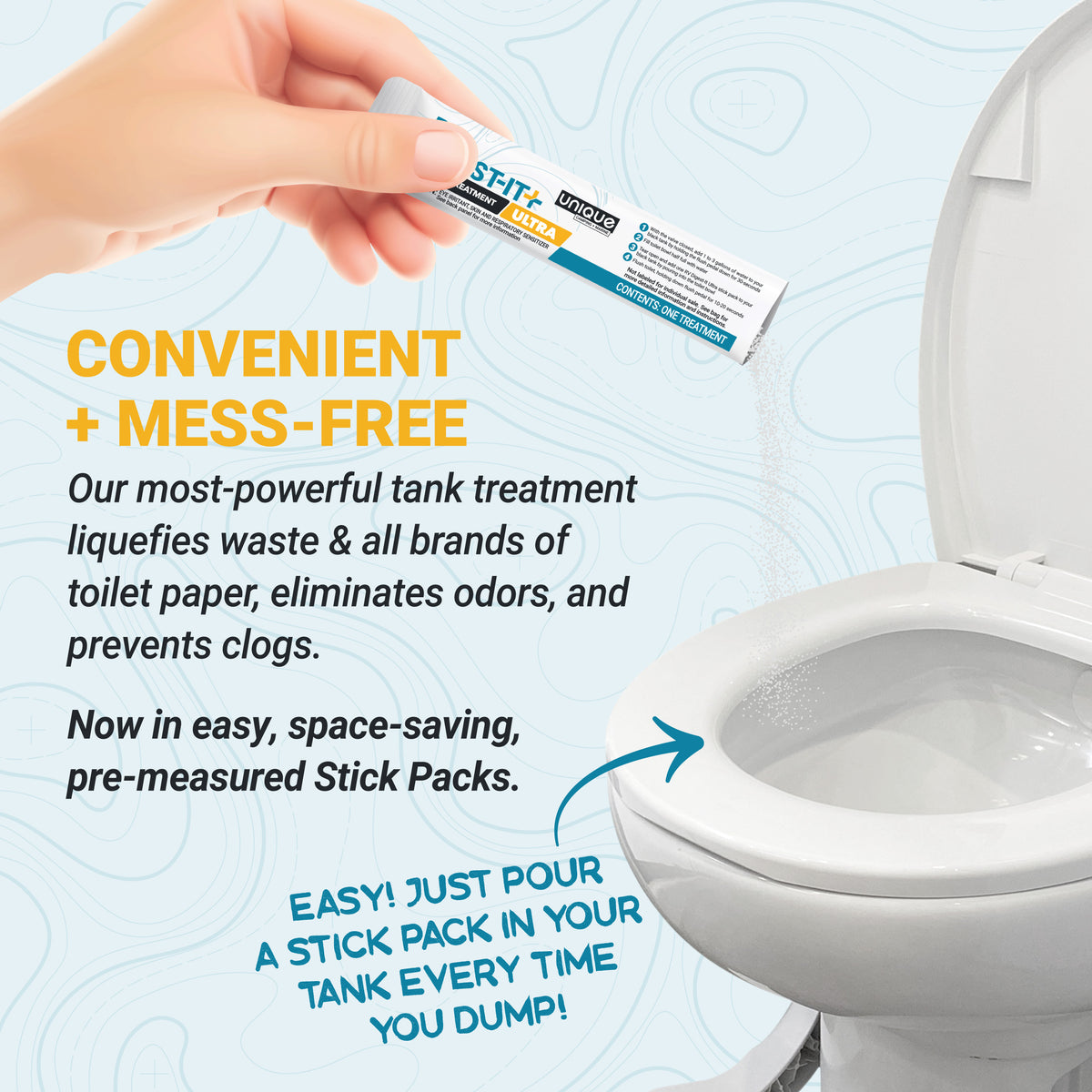 hand pouring tank treatment into an RV toilet, text on a light blue background