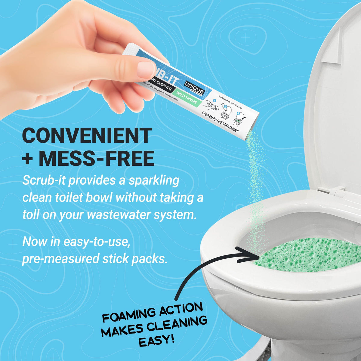 Hand holding a stick pack over a toilet with text about convenient and mess-free cleaning.