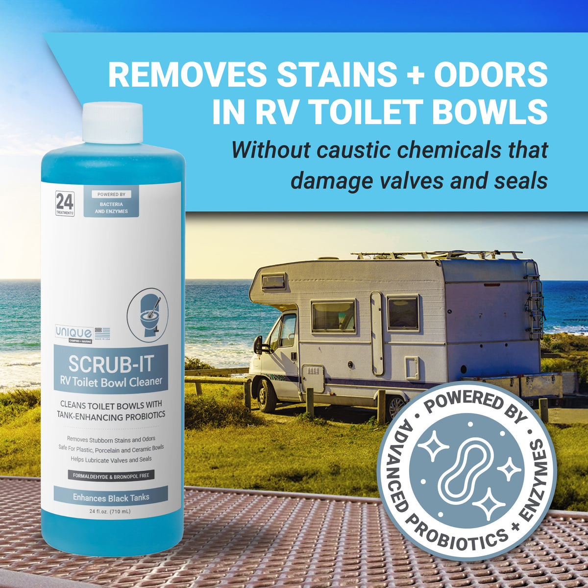 Scrub-It Removes Stains and Odors in RV Toilet Bowls