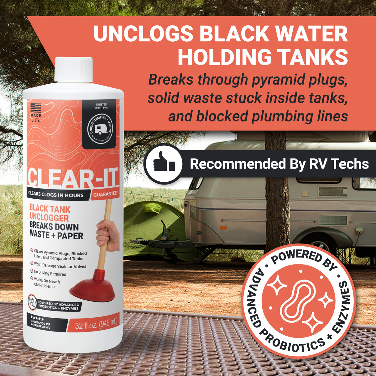 Clear-It black tank unclogger bottle with text about unclogging black water holding tanks, recommended by RV techs.
