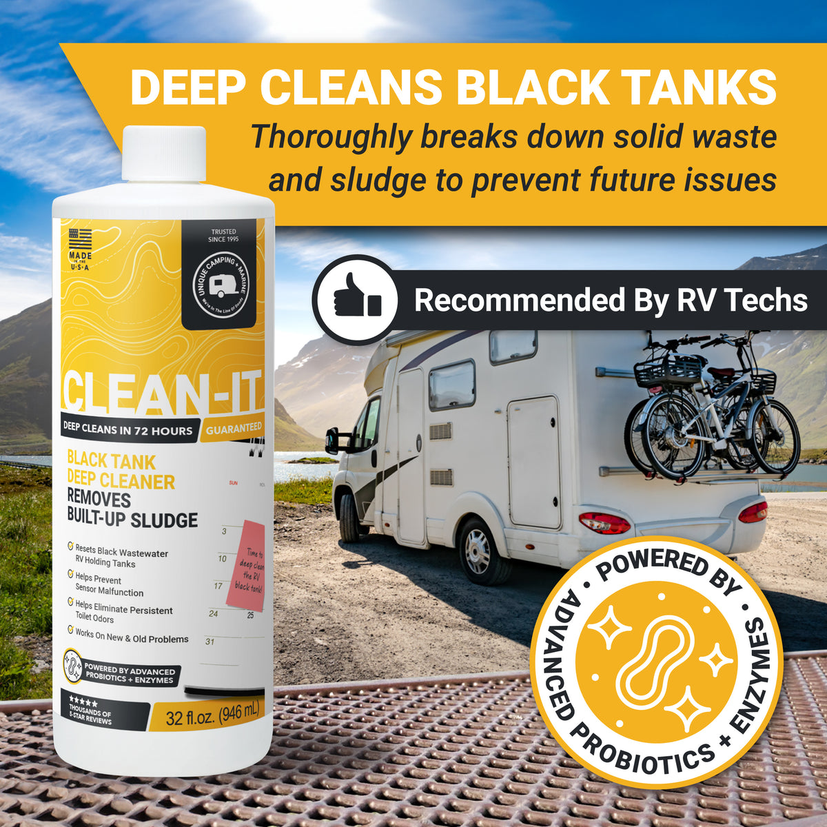 Black tank deep cleaner with RV and mountain background