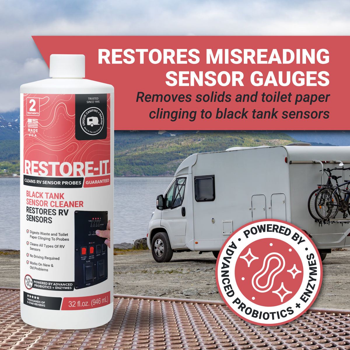Restore-It black tank sensor cleaner with an RV in the background
