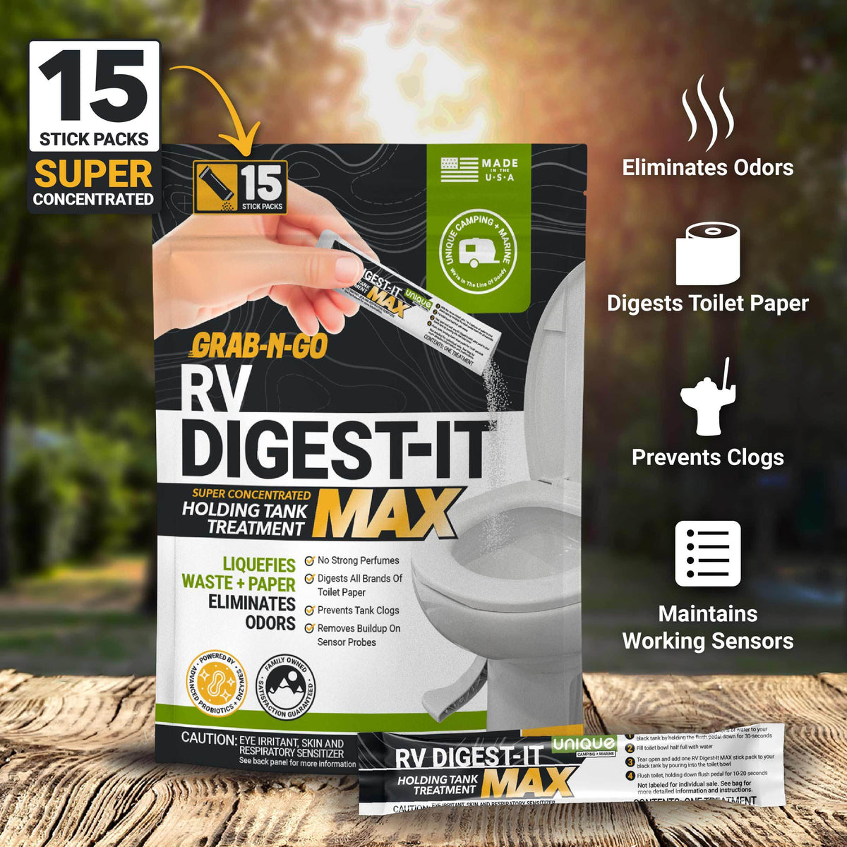 RV Digest-it Max packaging with features and benefits on a blurred outdoor background