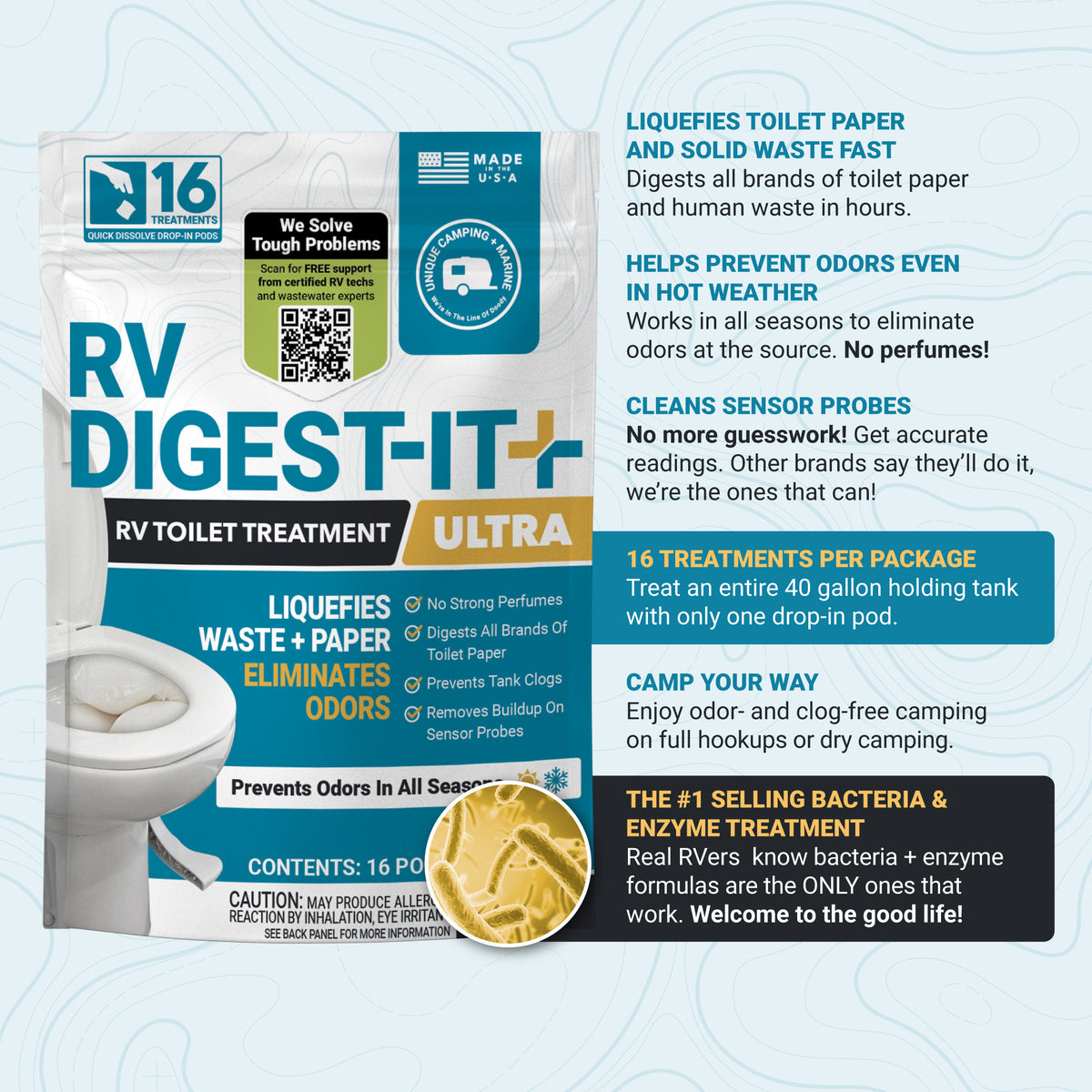 RV Digest-It Ultra packaging with product details on a light blue background