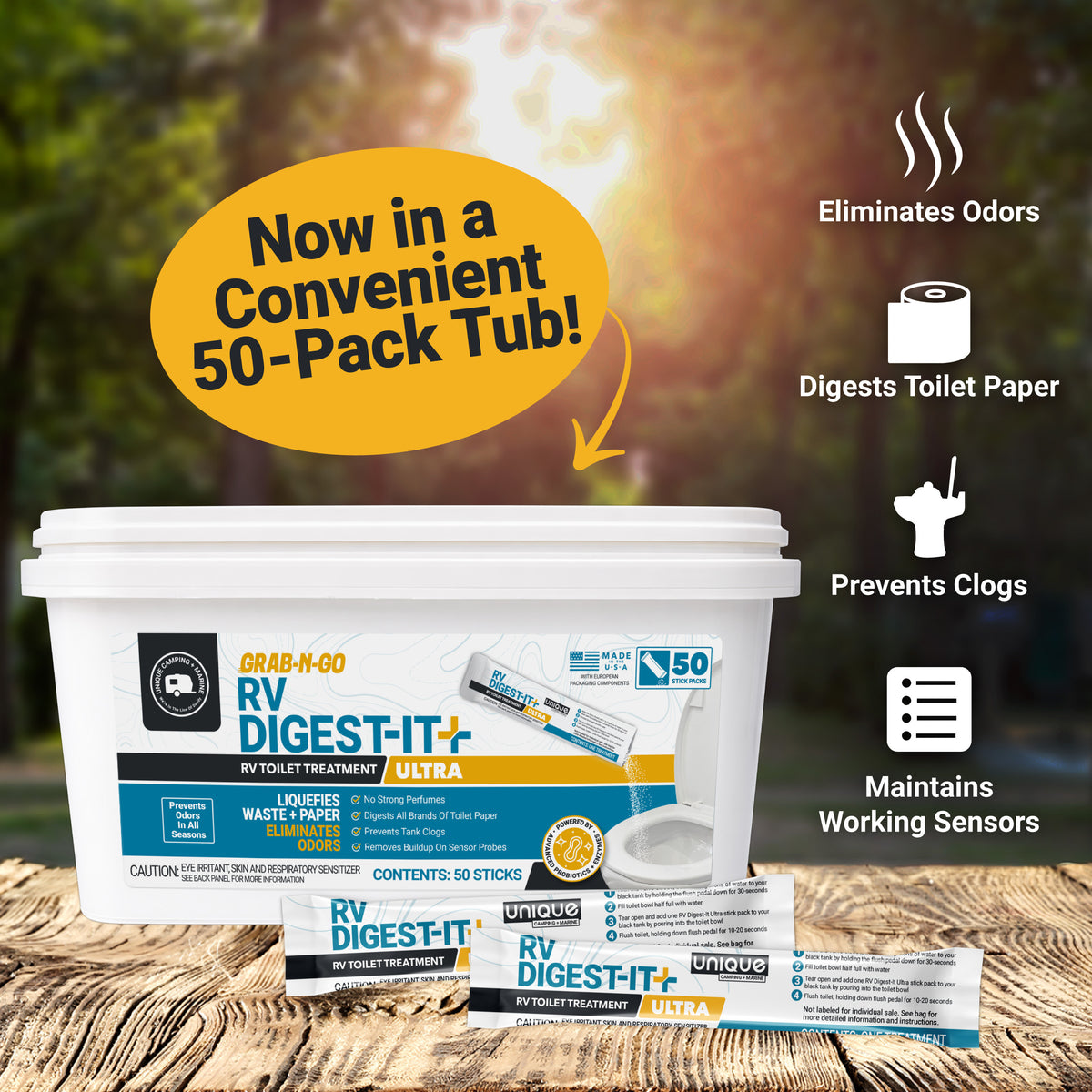 RV Digest-It+ toilet treatment container with features listed on a wooden surface.