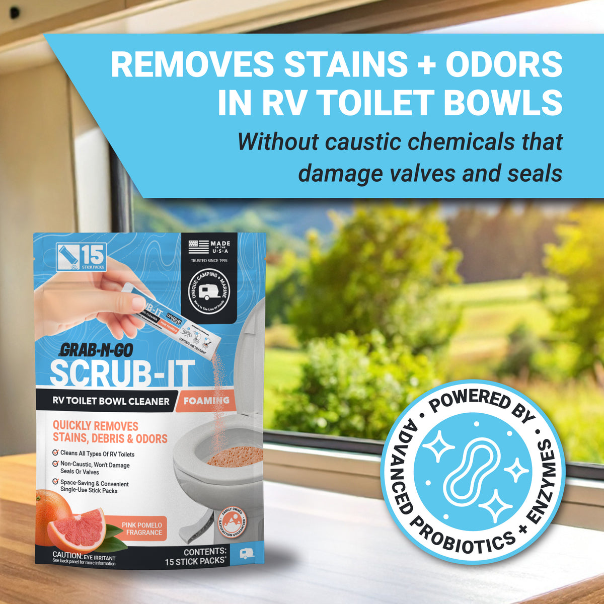 Scrub-It  RV toilet bowl cleaner packaging with scenic background