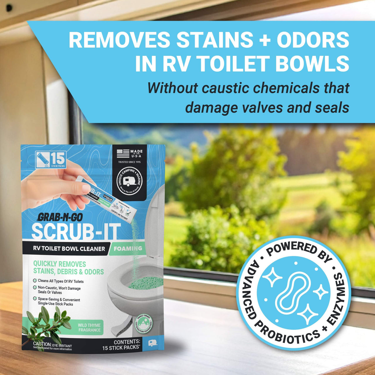 RV toilet bowl cleaner packaging with scenic background