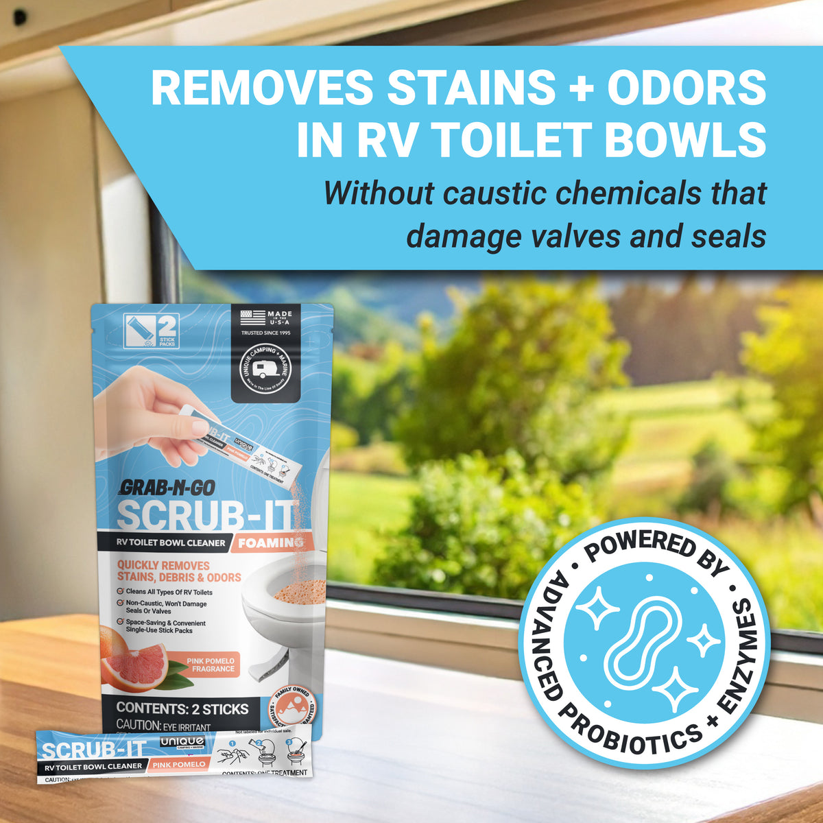 Product packaging for 'Grab-N-Go Scrub-It' RV toilet bowl cleaner with scenic background