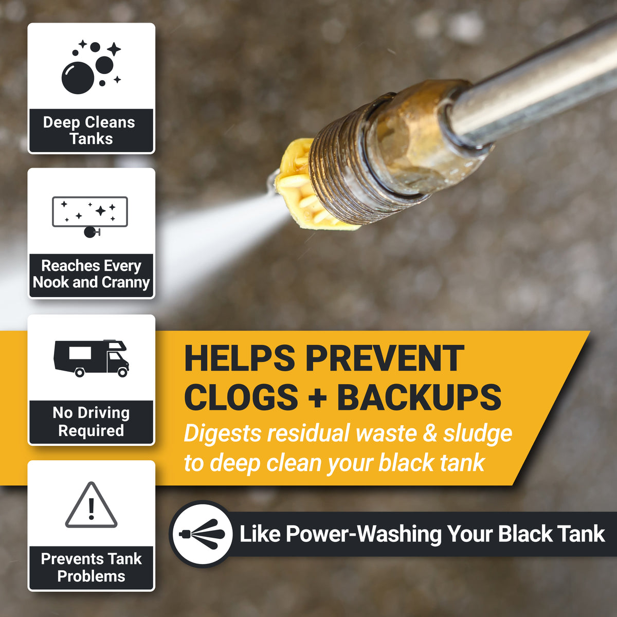 Pressure washer nozzle with text about cleaning tanks and preventing clogs on a blurred background