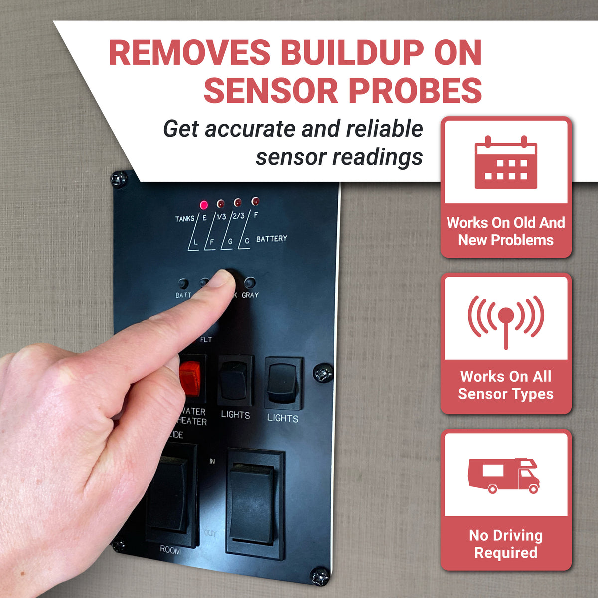 Sensor control panel with a hand pressing a button, featuring text about sensor probe maintenance.