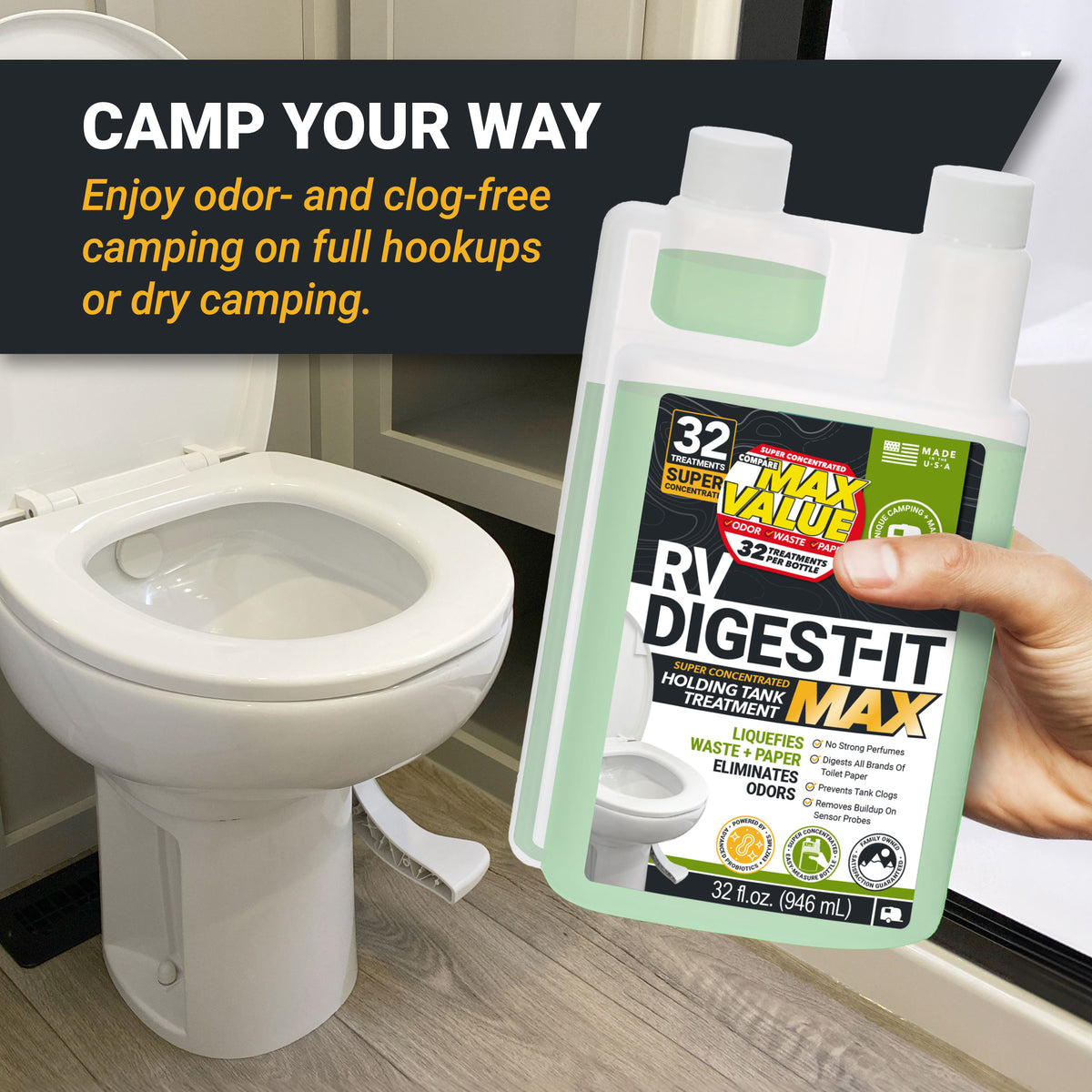 RV Digest-It MAX holding tank treatment being held next to a toilet in an RV.