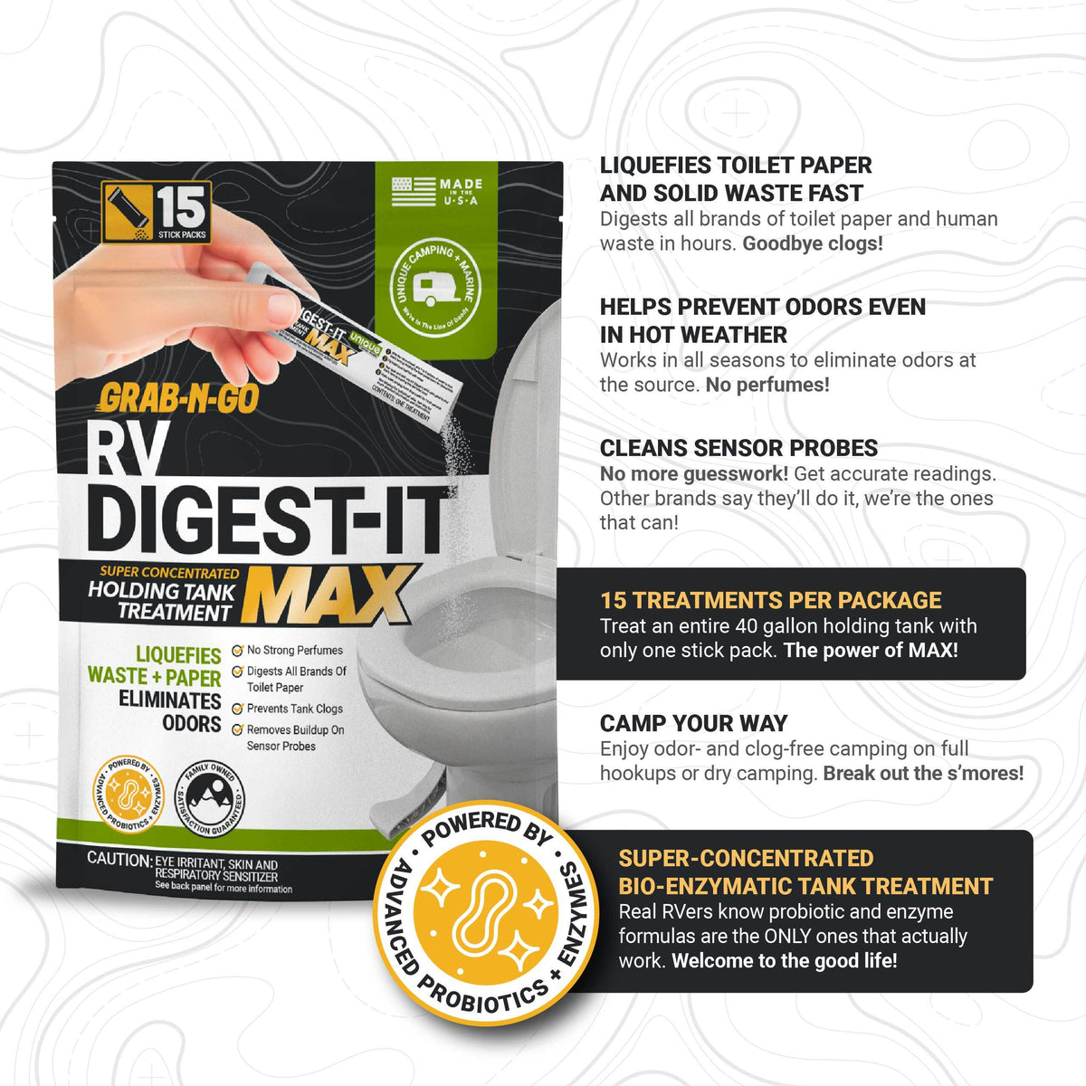 RV Digest-It Max holding tank treatment packaging with text on a white background