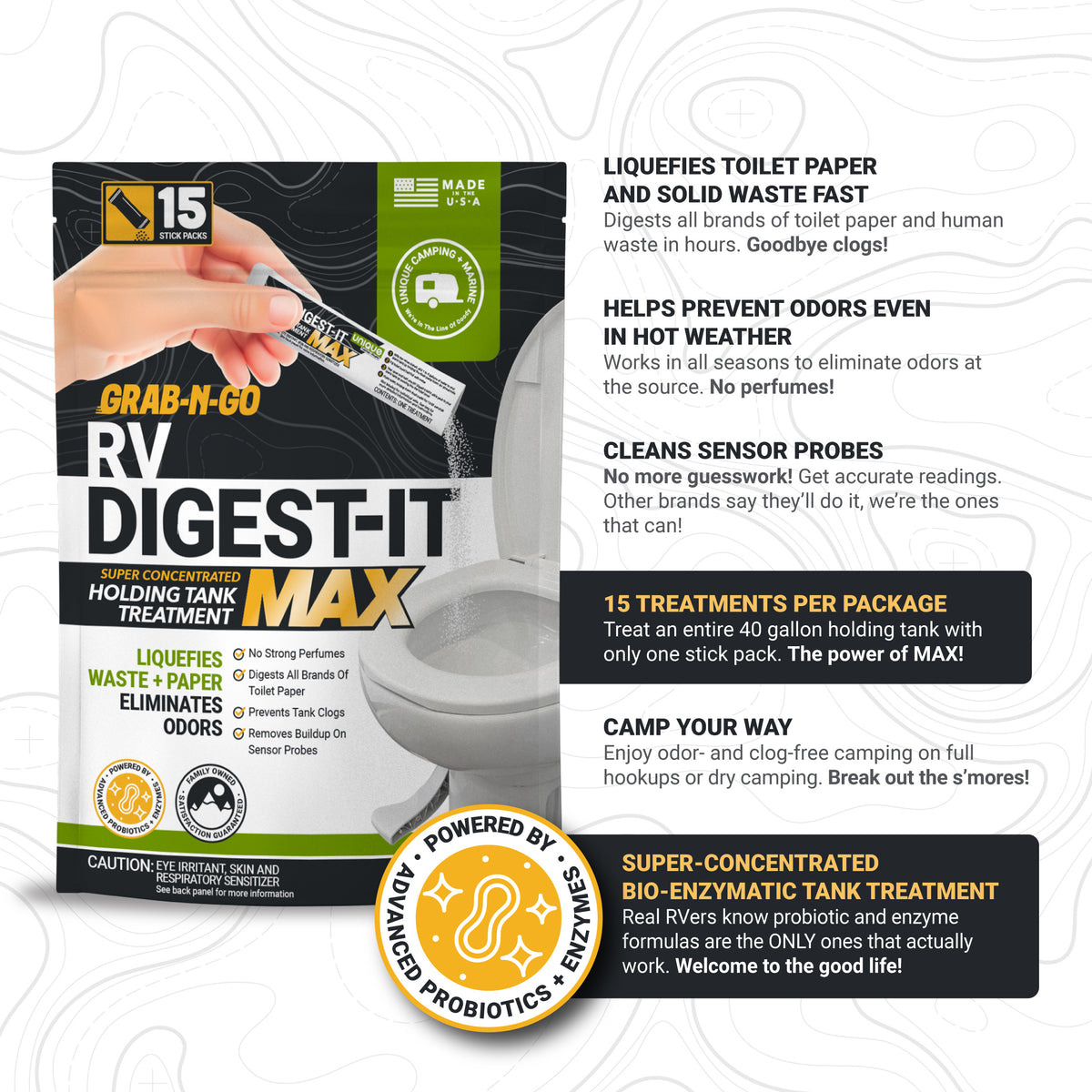 RV Digest-It Max holding tank treatment packaging with text on a white background