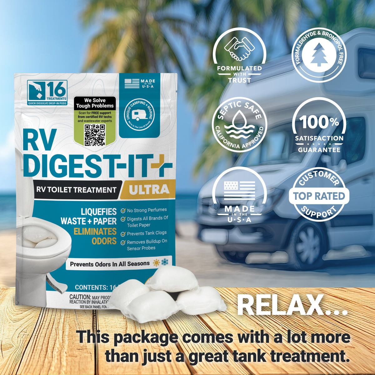 RV Digest-It Ultra packaging with product details and features on a scenic background