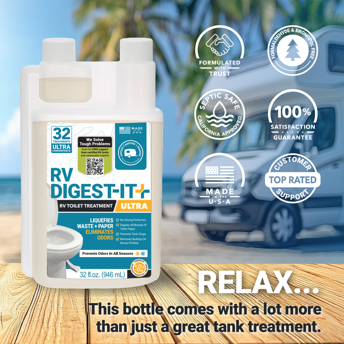 RV Digest-It Ultra toilet treatment bottle with RV and beach background