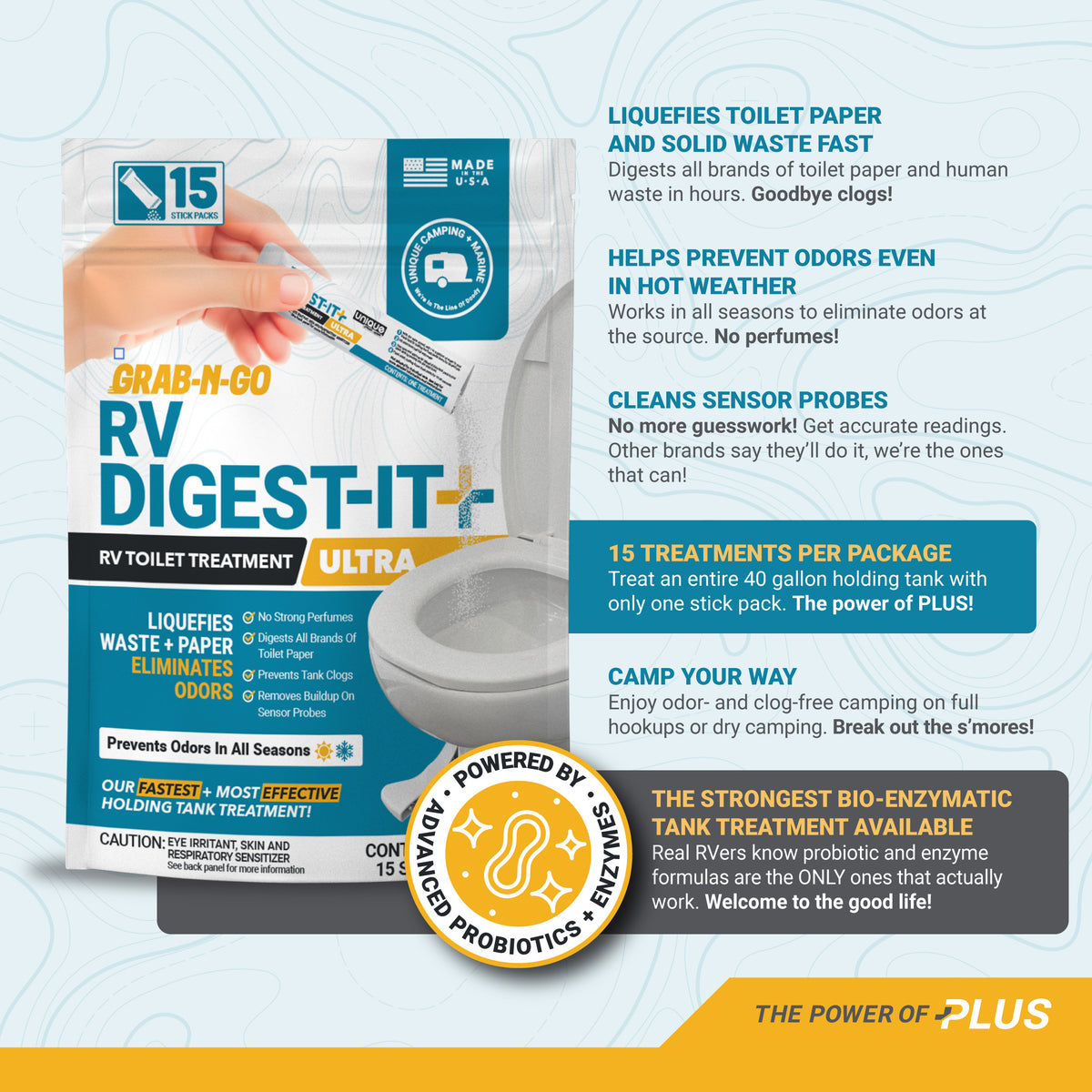 RV Digest-It+ product packaging with text on a light blue background