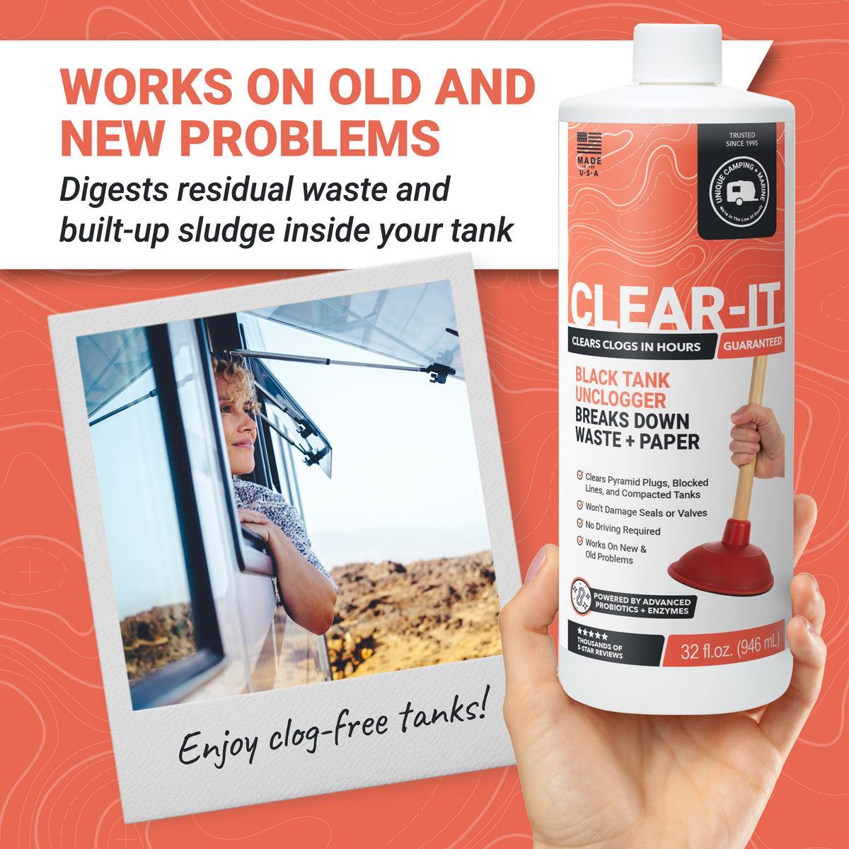 Clear-it product with text on an orange background