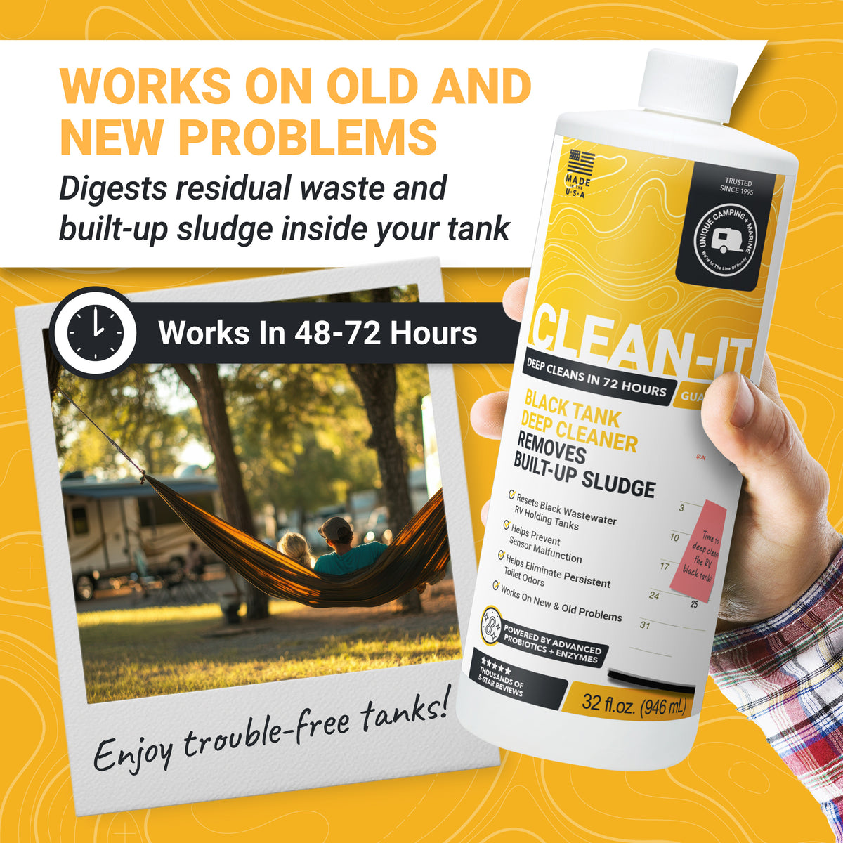 Clean-it black tank deep cleaner with a hand holding it, set against a yellow background with text about its effectiveness.