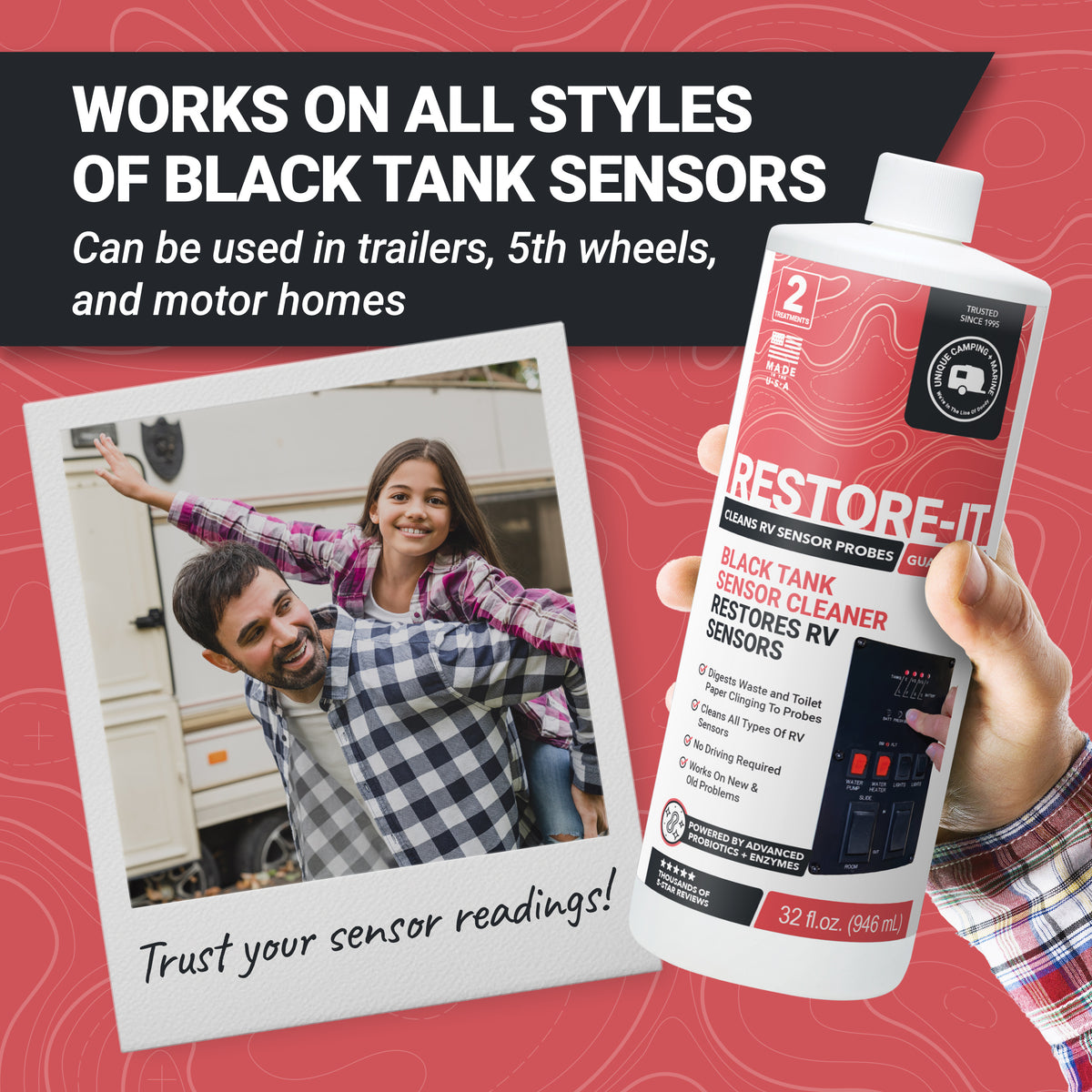 Restore-It black tank sensor cleaner bottle with a photo of a father and daughter in front of an RV.