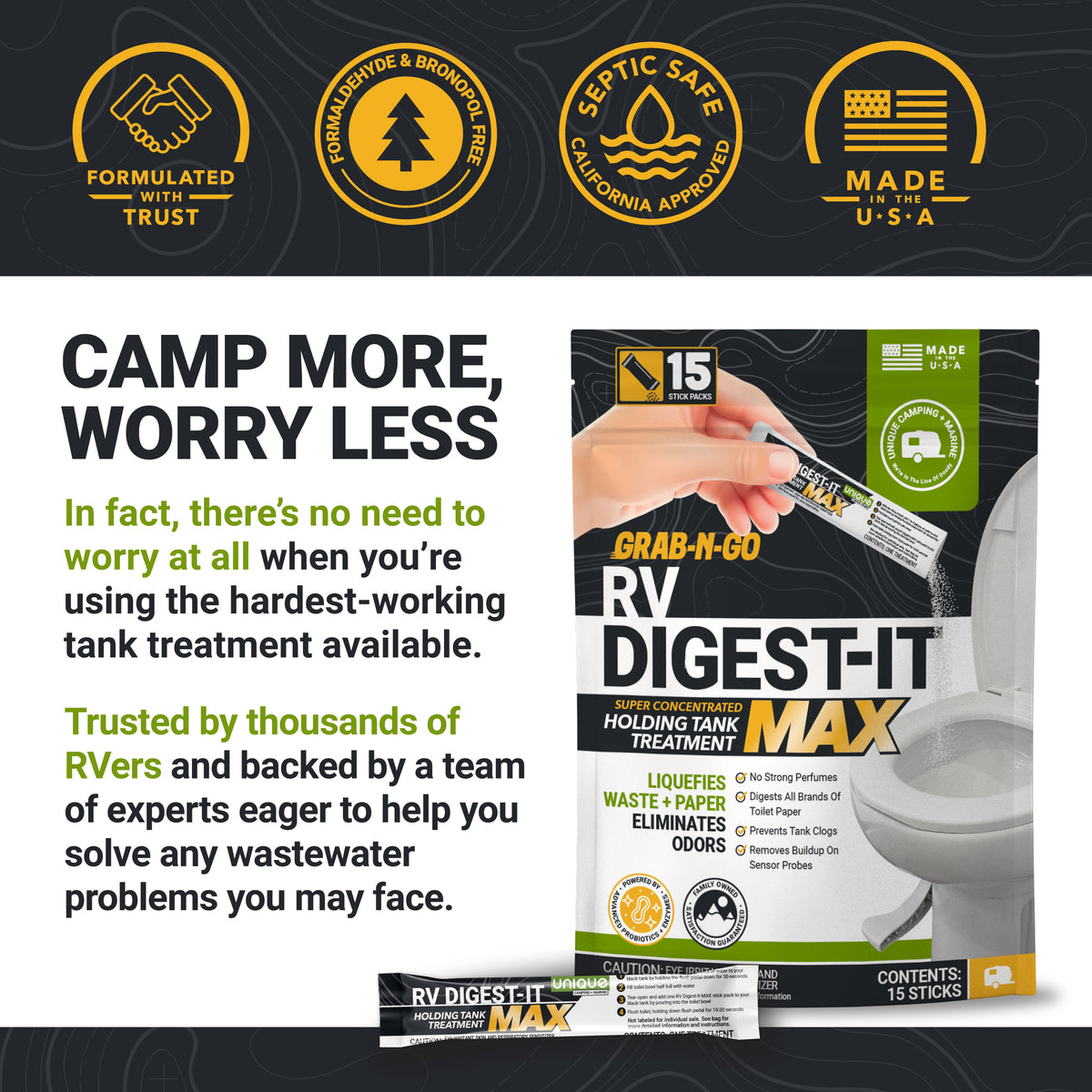 Advertisement for RV Digest-It Max holding tank treatment with product packaging and branding elements.