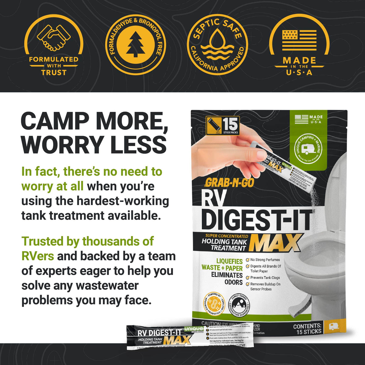 RV Digest-It Max holding tank treatment packaging with branding and product features on a black background.