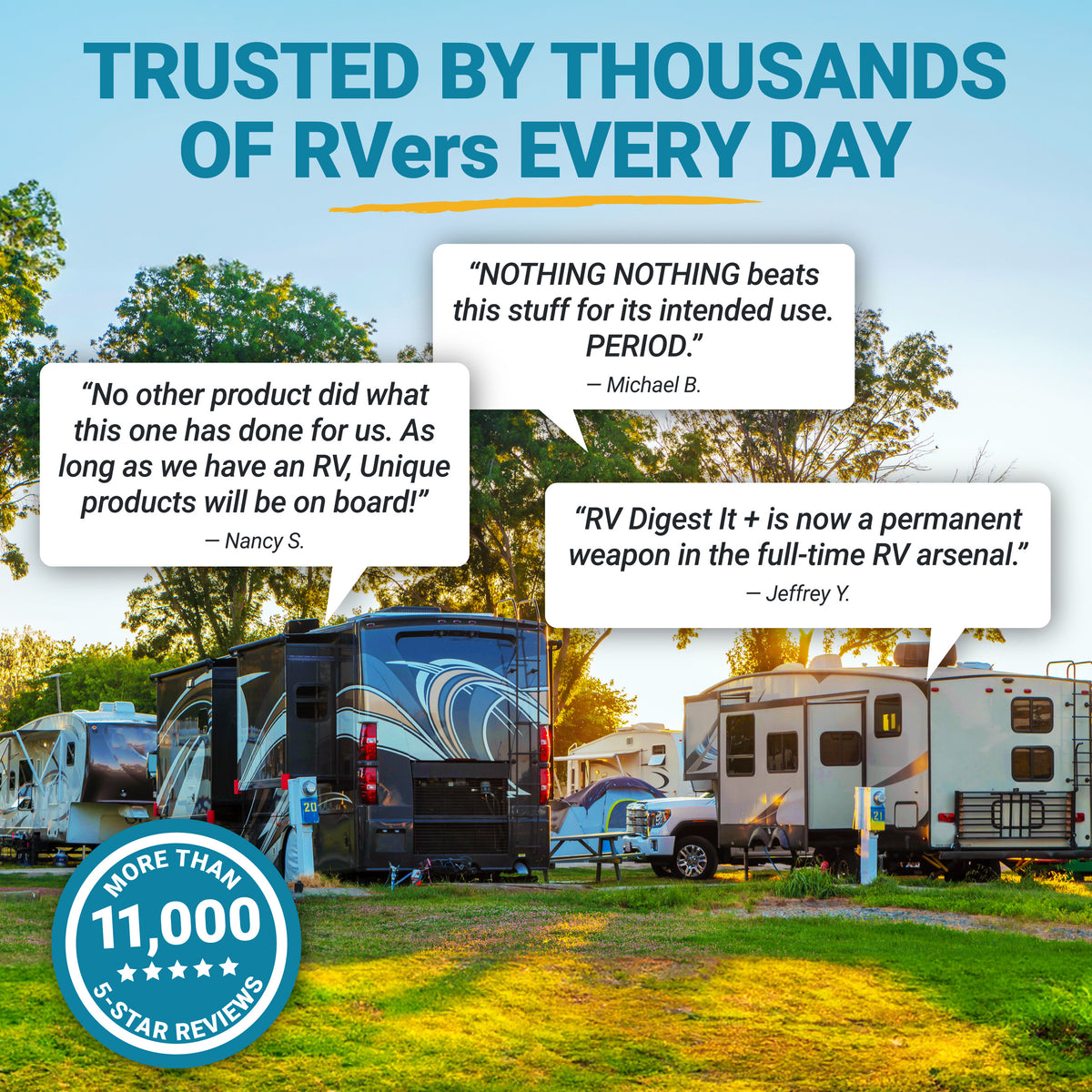 RVs parked at a campground with customer testimonials and a 5-star review badge.