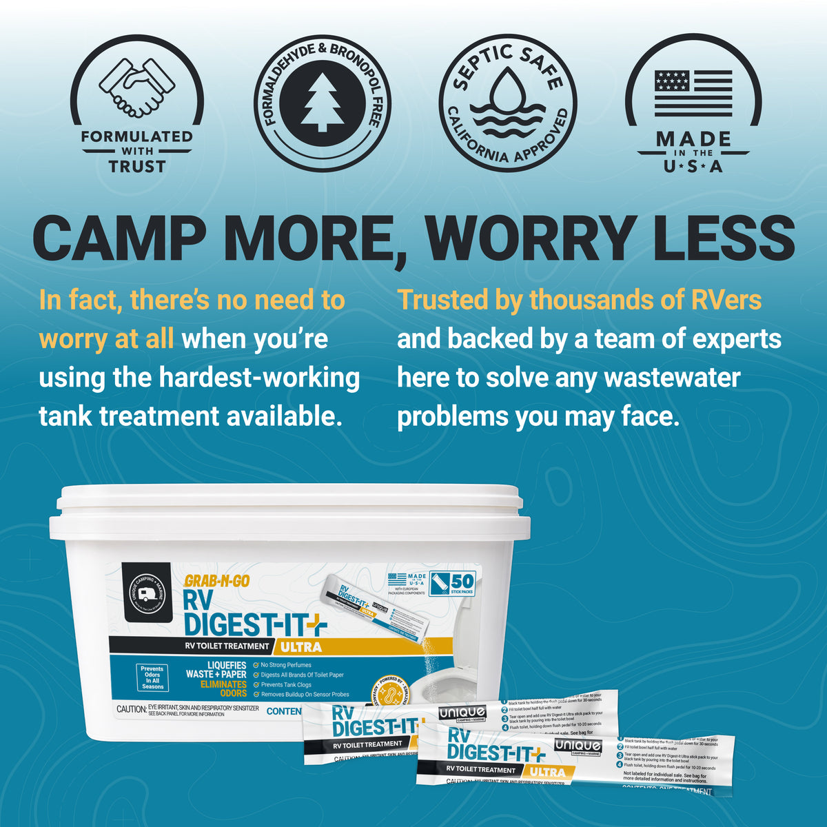 Advertisement for RV Digest-it Ultra tank treatment with product packaging on a blue background