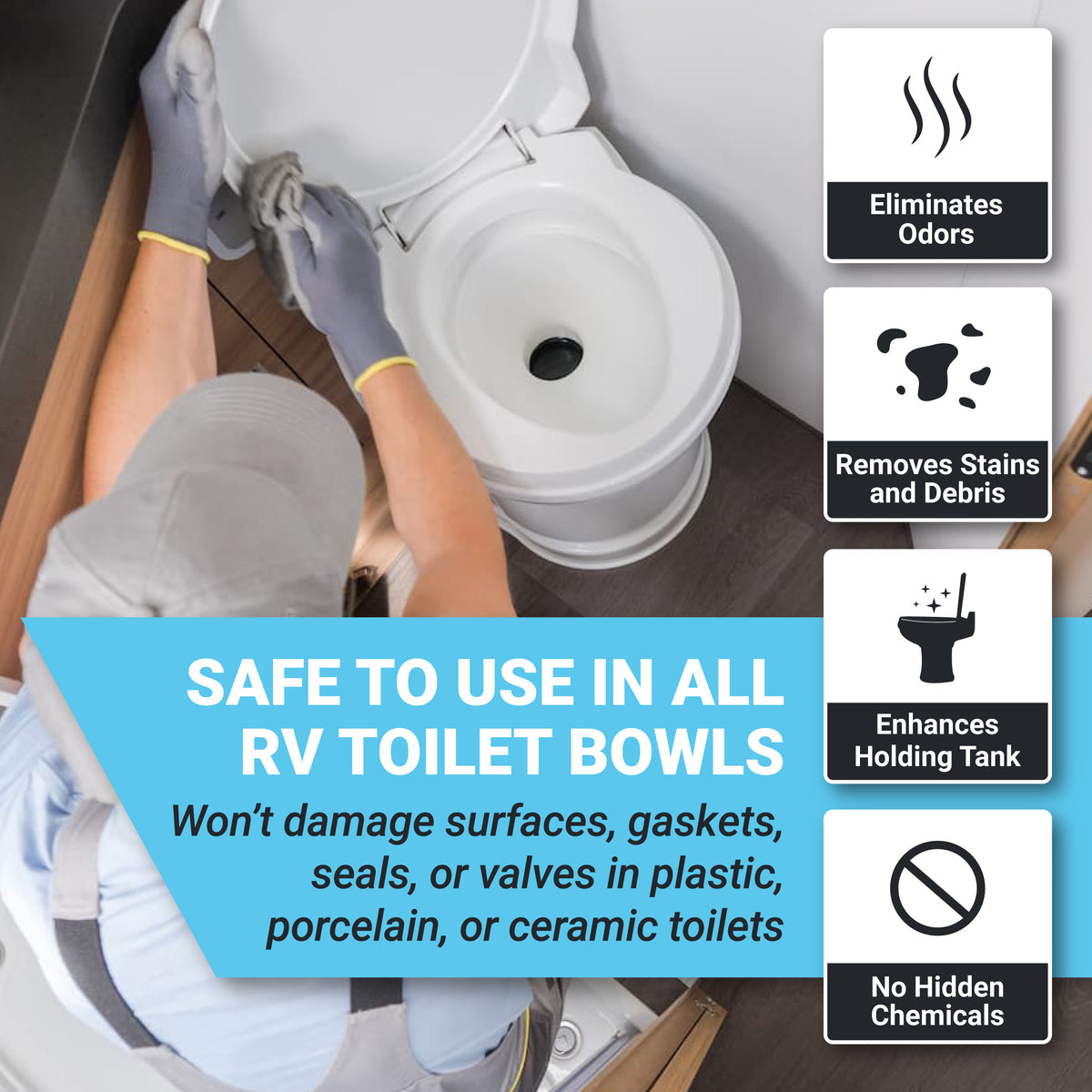 Person cleaning an RV toilet bowl with text highlighting product features.