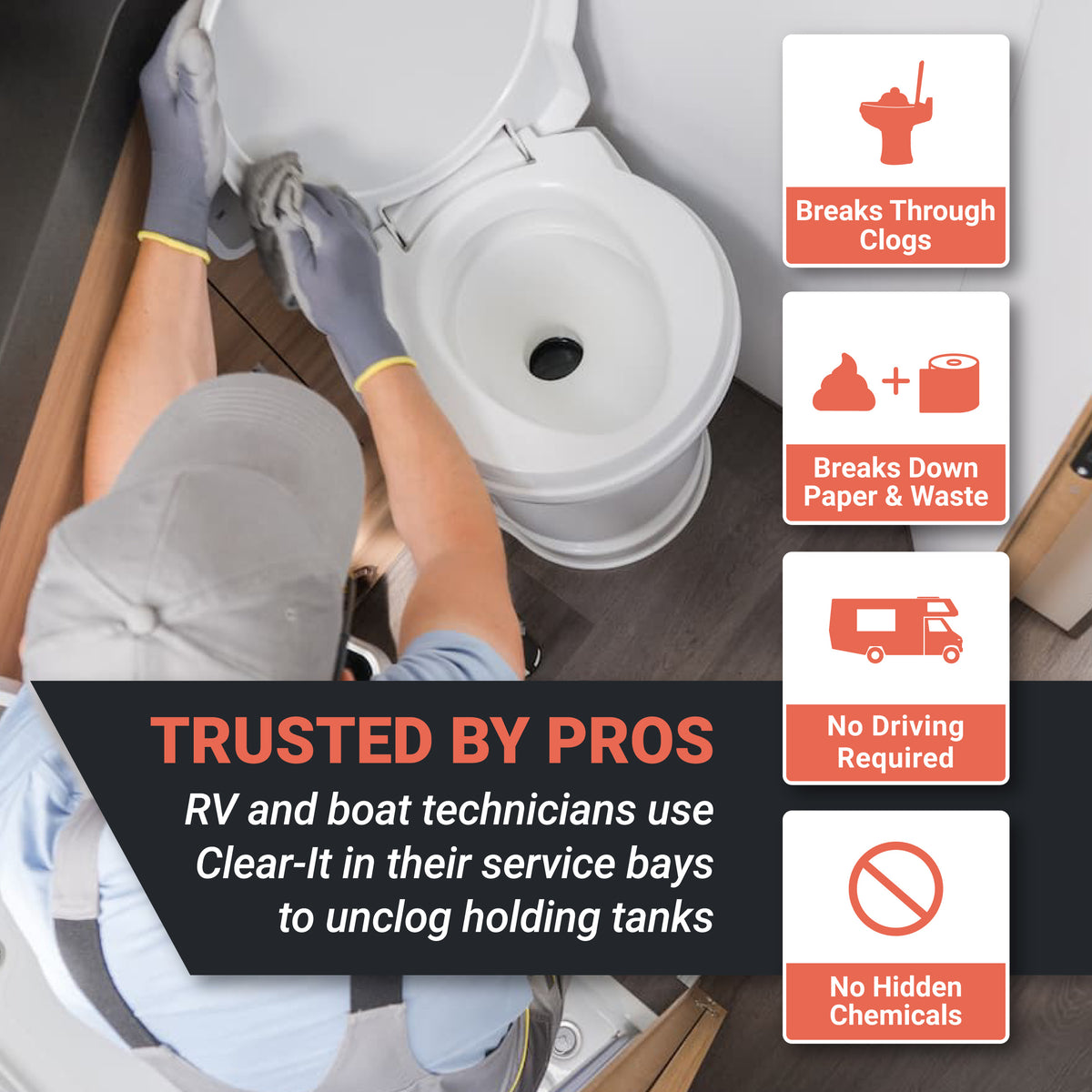 Person cleaning a toilet with text about RV and boat technicians using Clear-It.