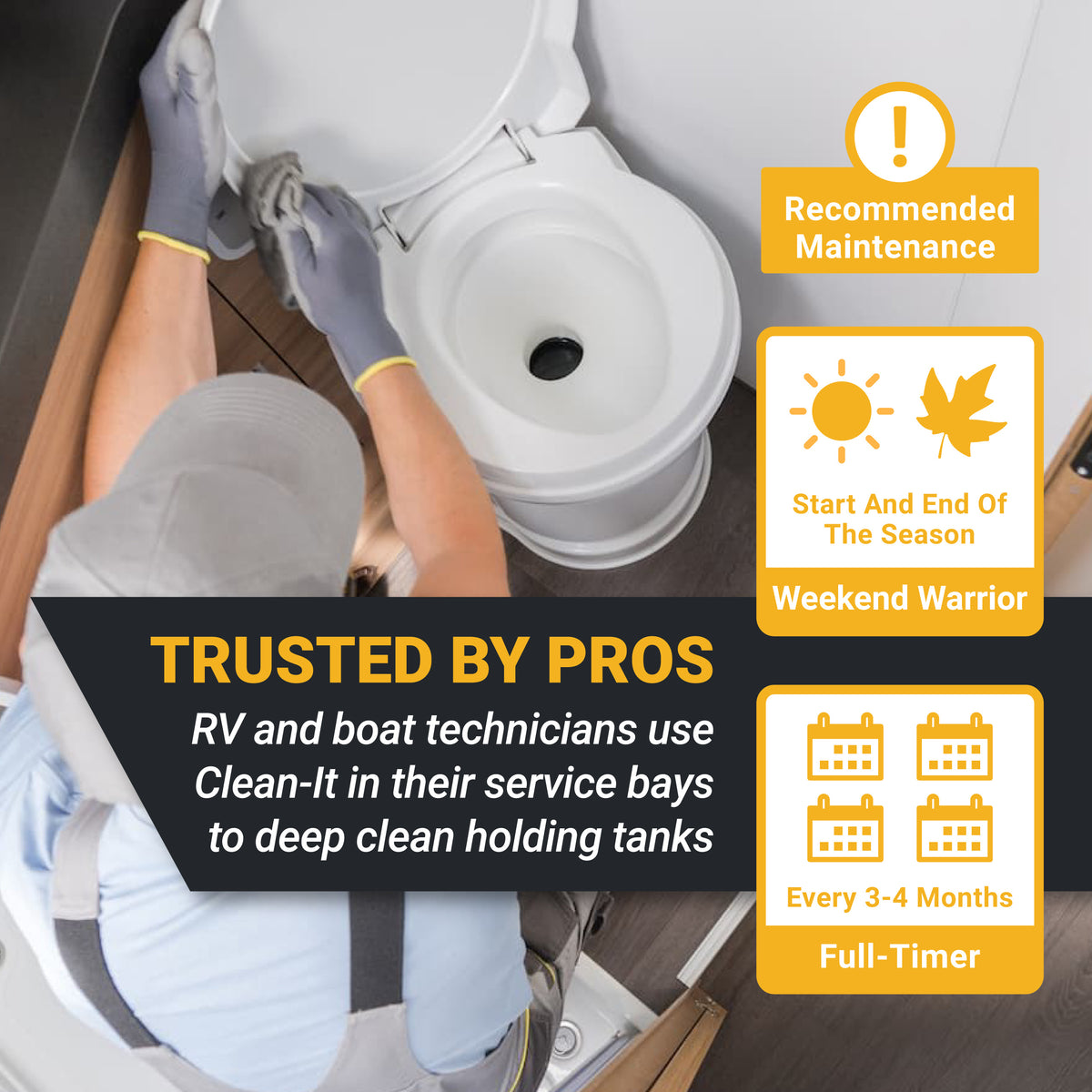Person cleaning a holding tank with text about recommended maintenance for RVs and boats.