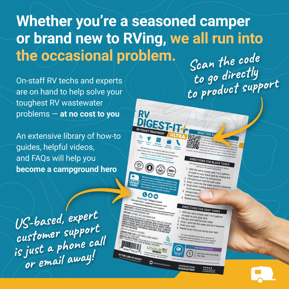 Hand holding a product package with text about RV support and resources on a blue and yellow background