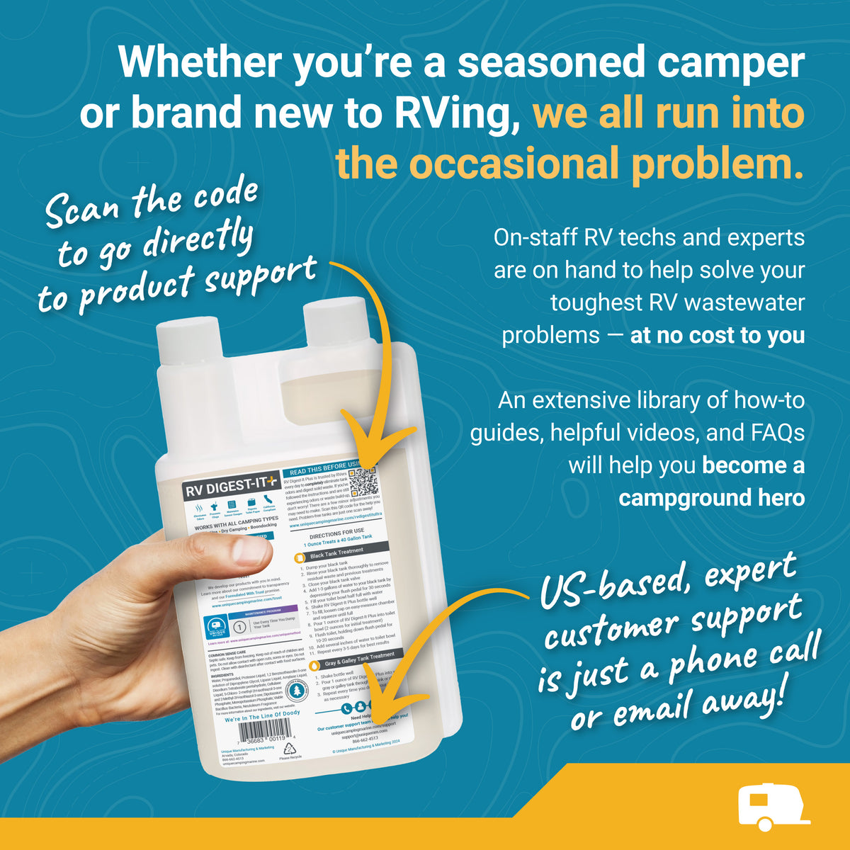 RV Digest-It Ultra with text about RV wastewater solutions and support services on a blue and yellow background.